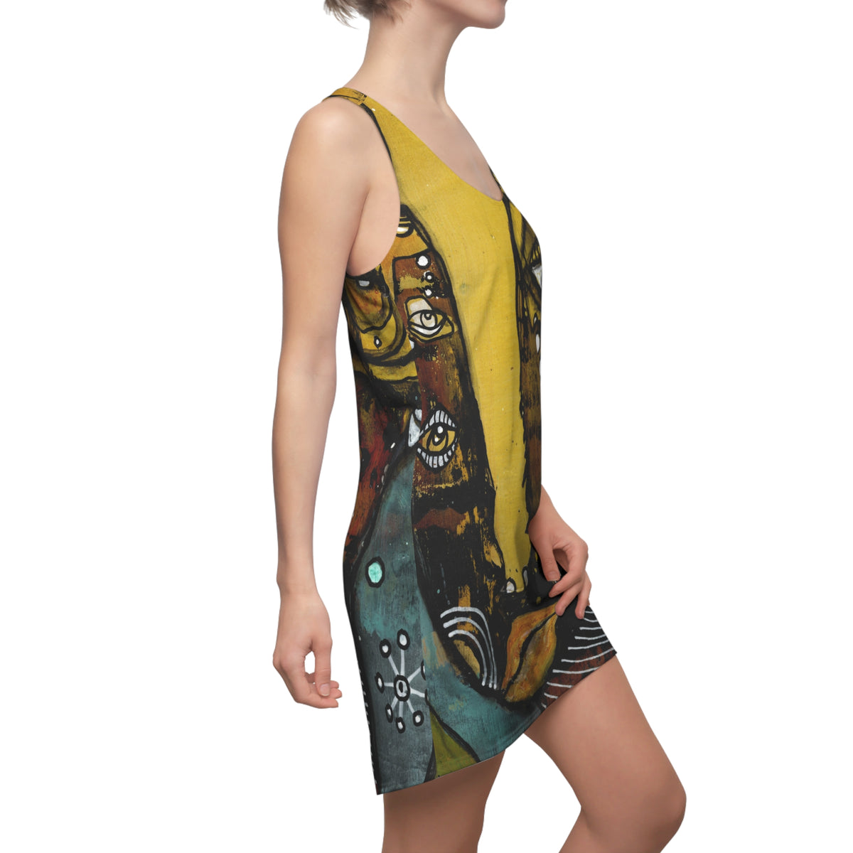 Crazy Mini Racerback Dress Unique Above the Knee Colorful Trippy Face Original Art Fashion Womens Dresses Clothing Bizarre Weird Tank Dress