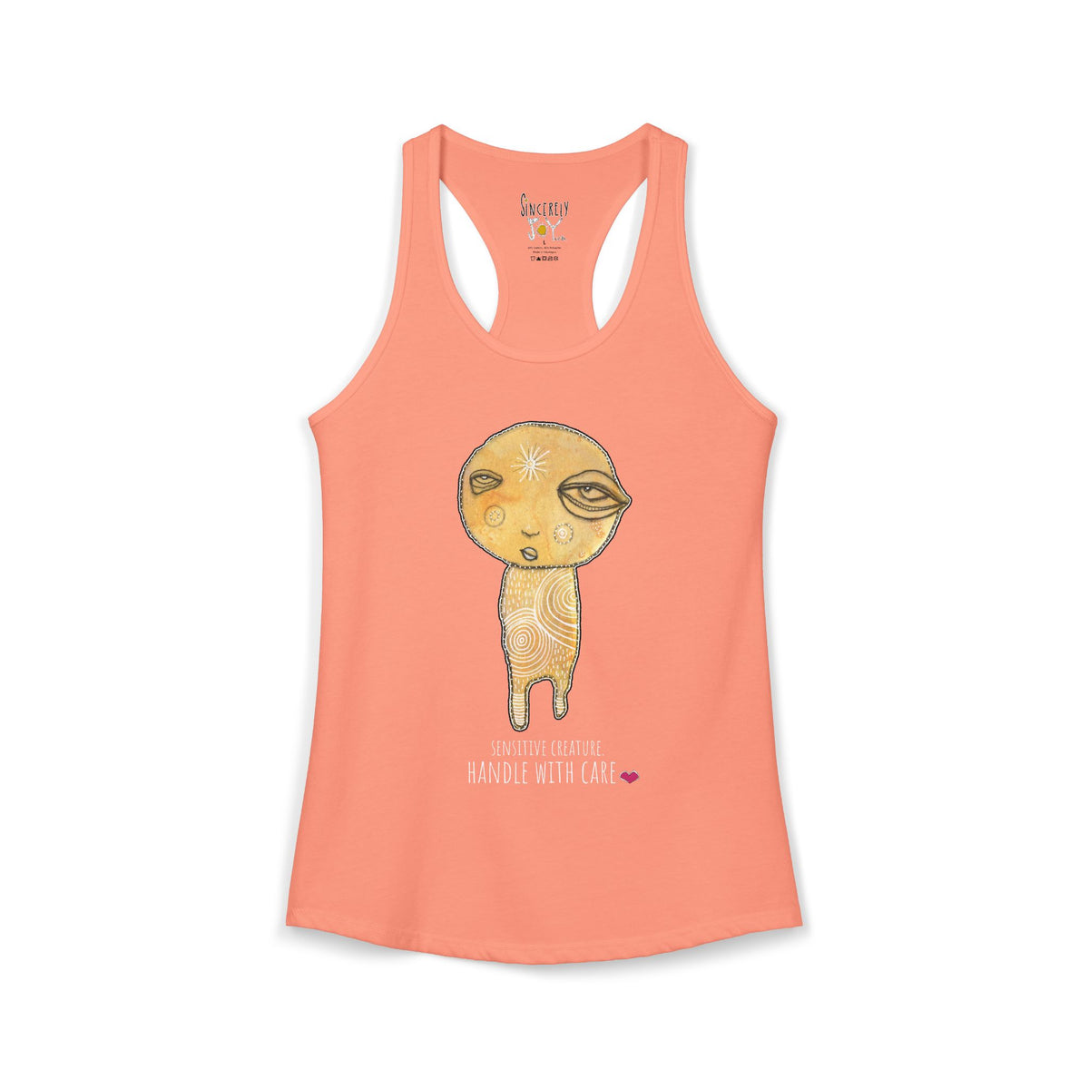 Sensitive Creature. Handle With Care racerback tank top by C.Cambrea, back view on model