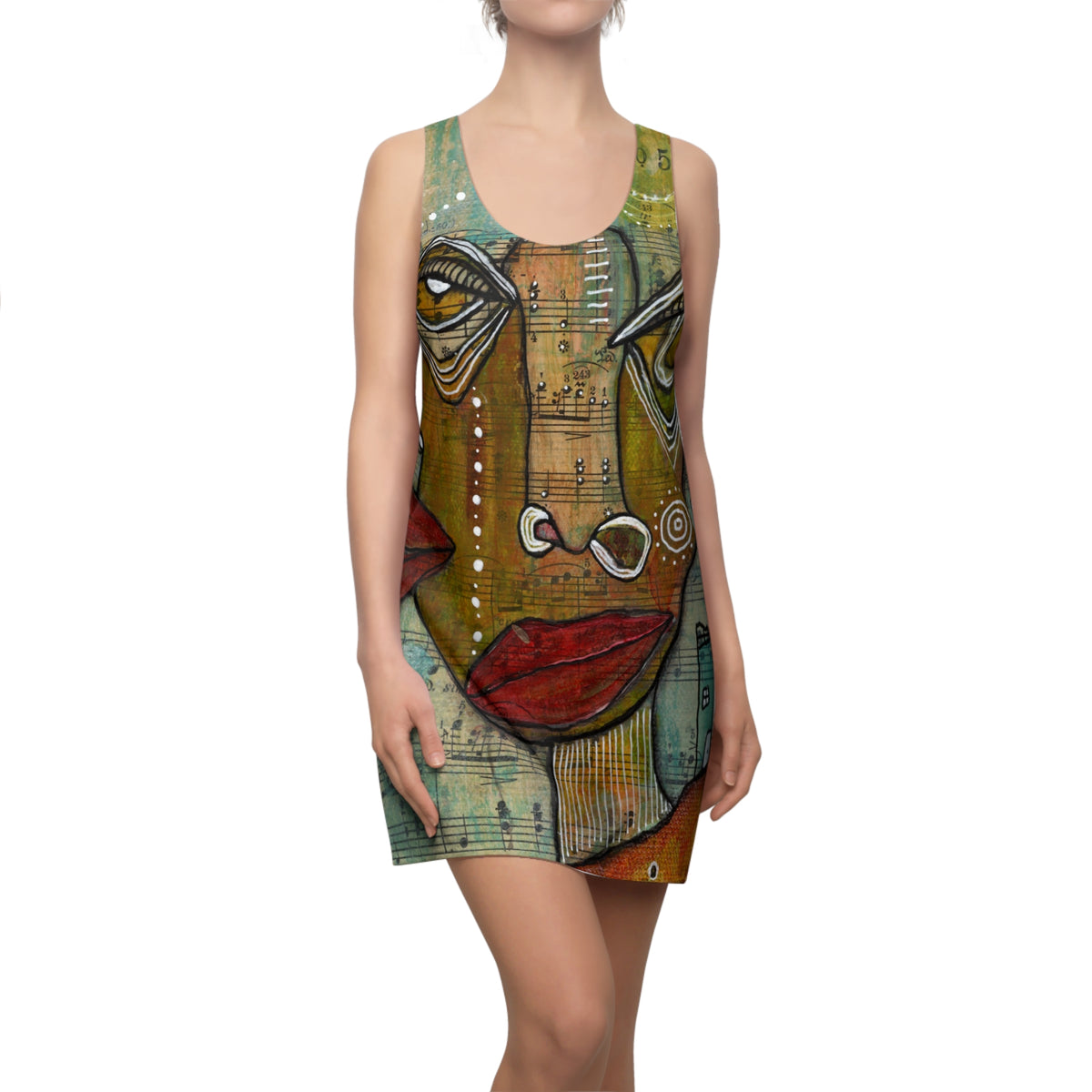 Crazy Mini Racerback Dress Unique Above the Knee Neutral Trippy Face Original Art Fashion Womens Dresses Clothing Bizarre Weird Tank Dress
