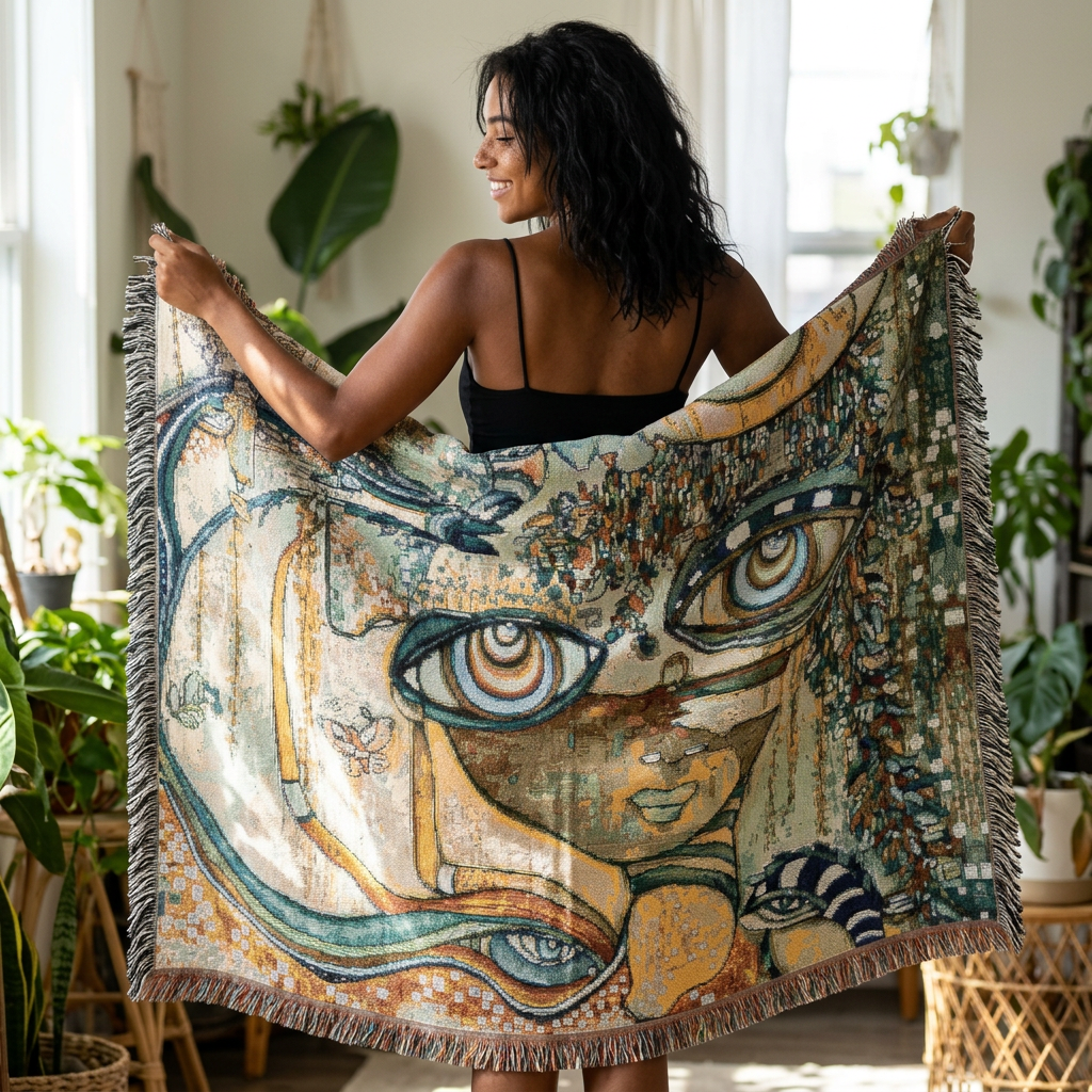 Woven Blanket with Abstract Face Eye Garden Artwork | Floral Painting for Living Room Sofa, Couch Throws, Bed Covers. Soft snuggles