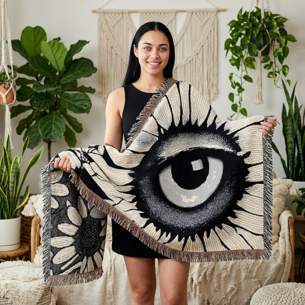Woven Blanket with Abstract Eye and Sunflowers for Floral Living Room Sofa, Couch Throws, Bed Covers. Soft snuggles