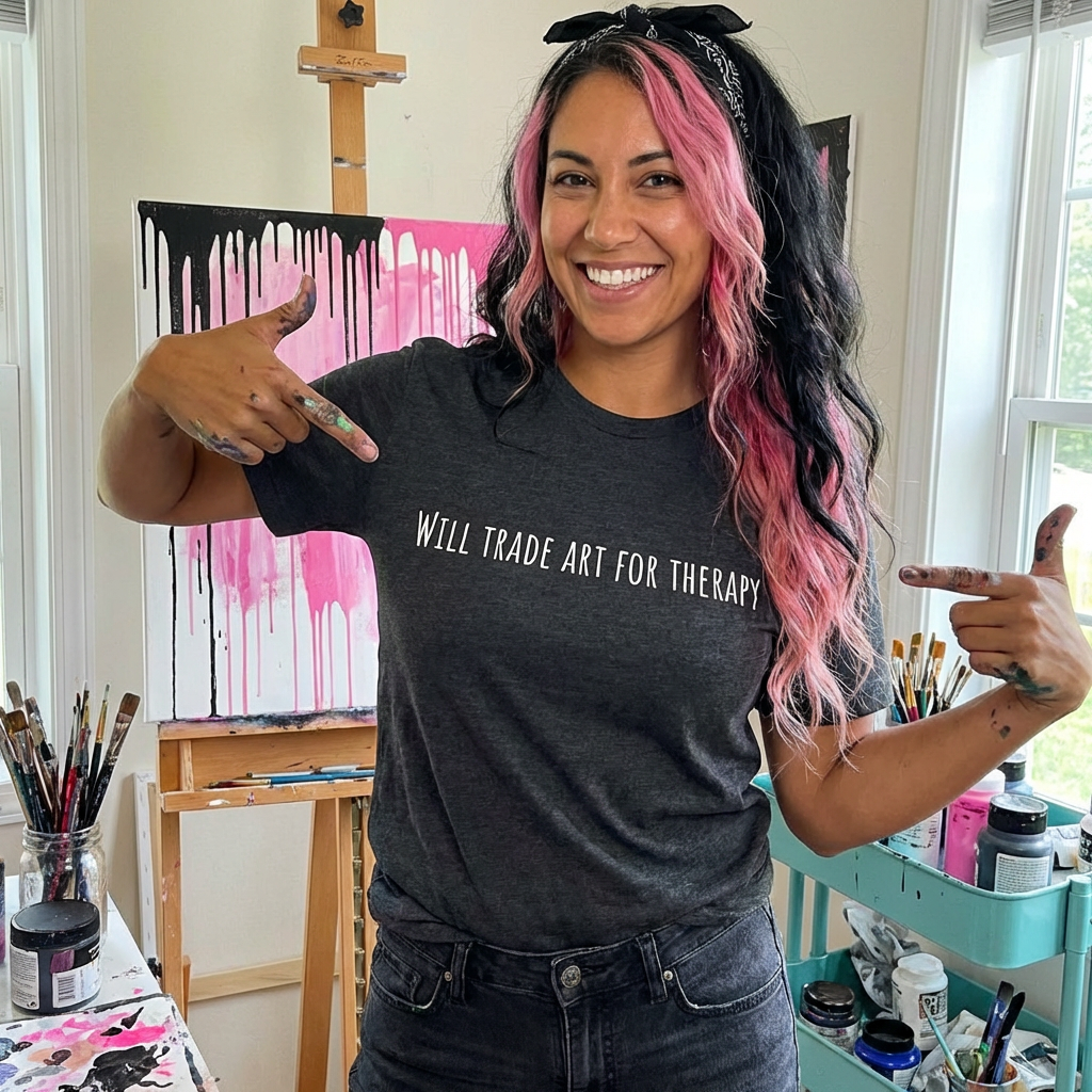 Will Trade Art For Therapy t-shirt by C.Cambrea, front view on model