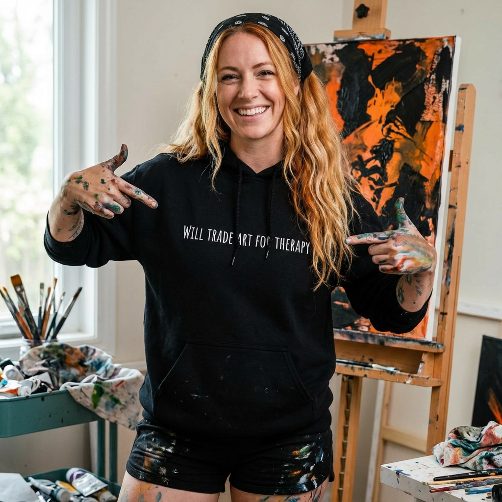 Will Trade Art For Therapy hoodie by C.Cambrea, front view on model