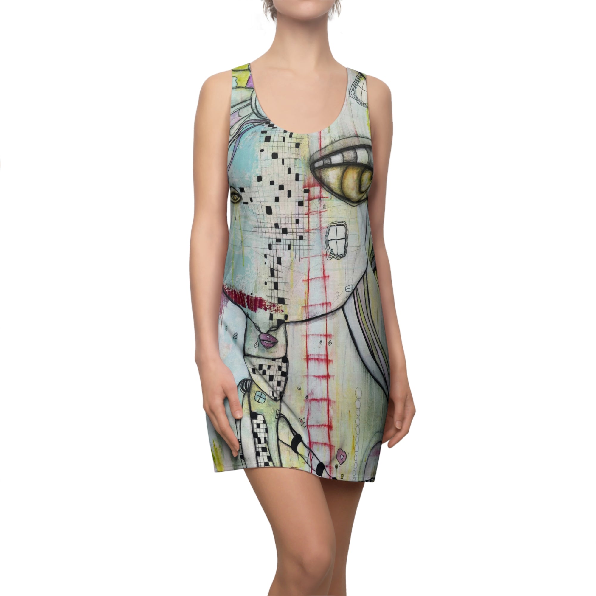 "Almost Together" Colorful Maximalist Mini Racerback Dress Original Abstract Art Fashion