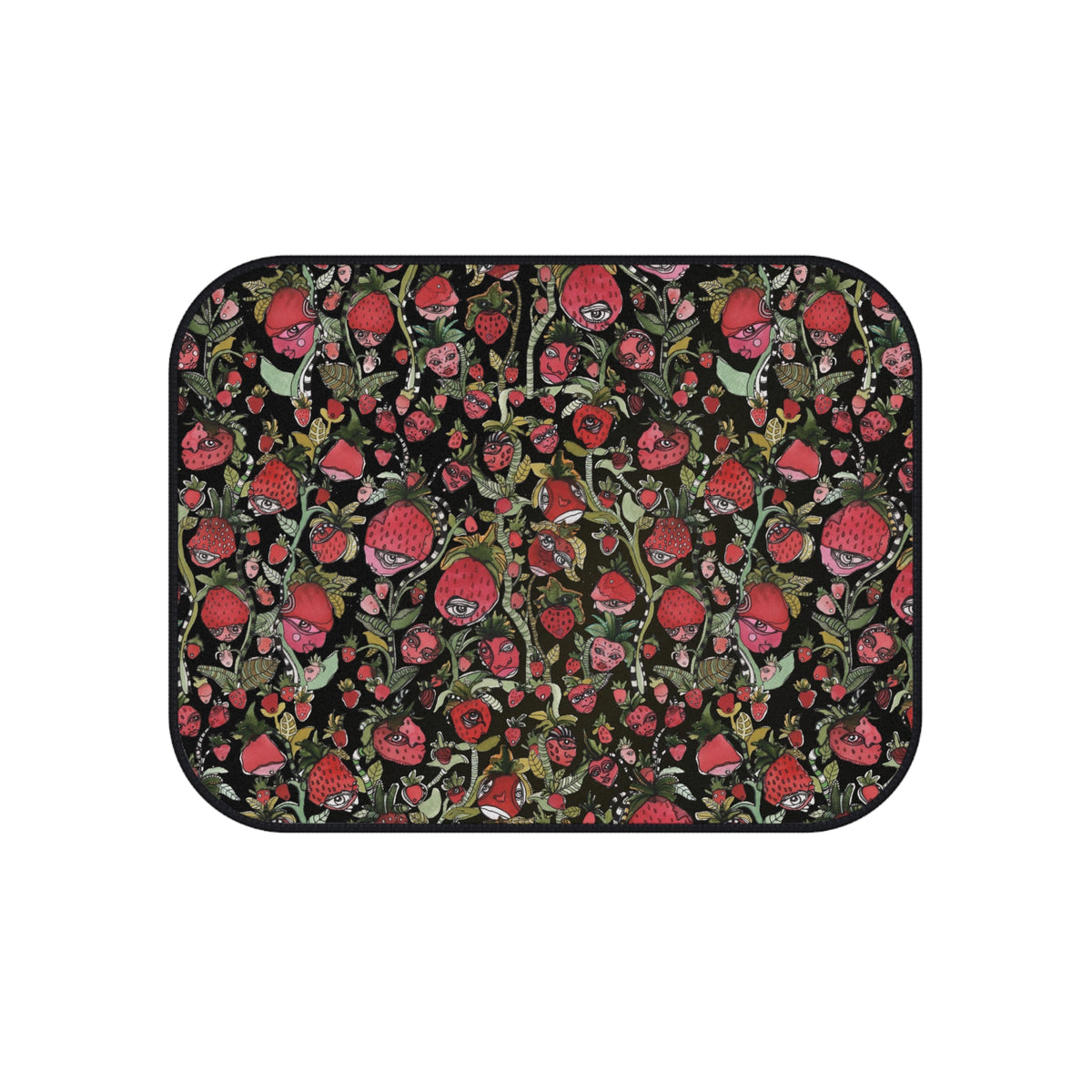 Strawberry Car Mats Set of 4 Fruit Theme Art Strawberries Faces Red Black Designer Vehicle SUV Car Mat Funny Colorful New Car Accessories