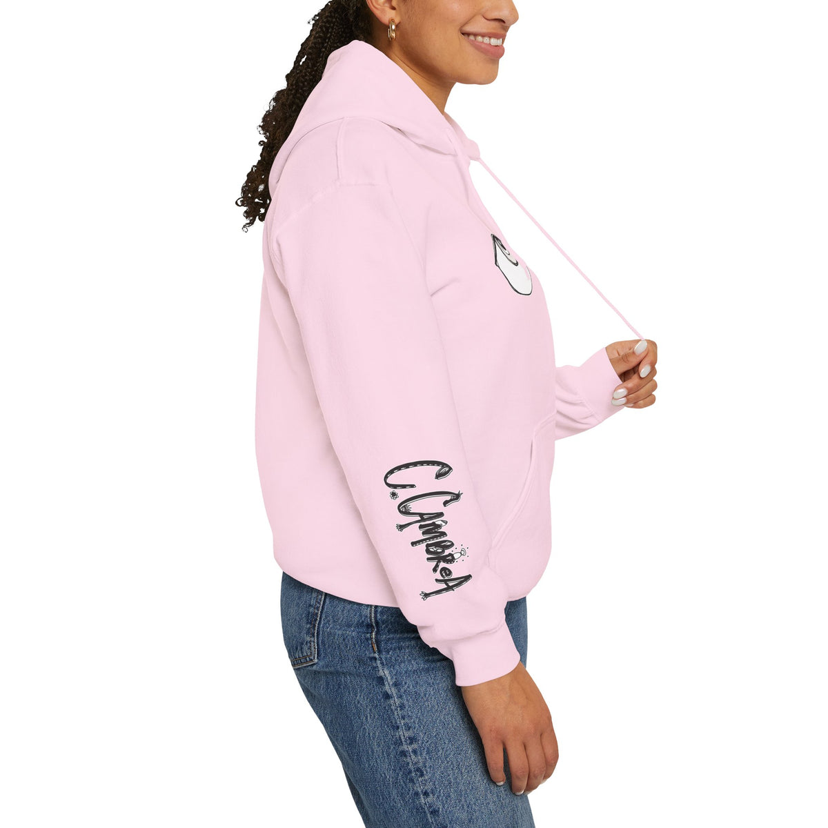 Eyes Illustration hooded sweatshirt by C.Cambrea, front view on model