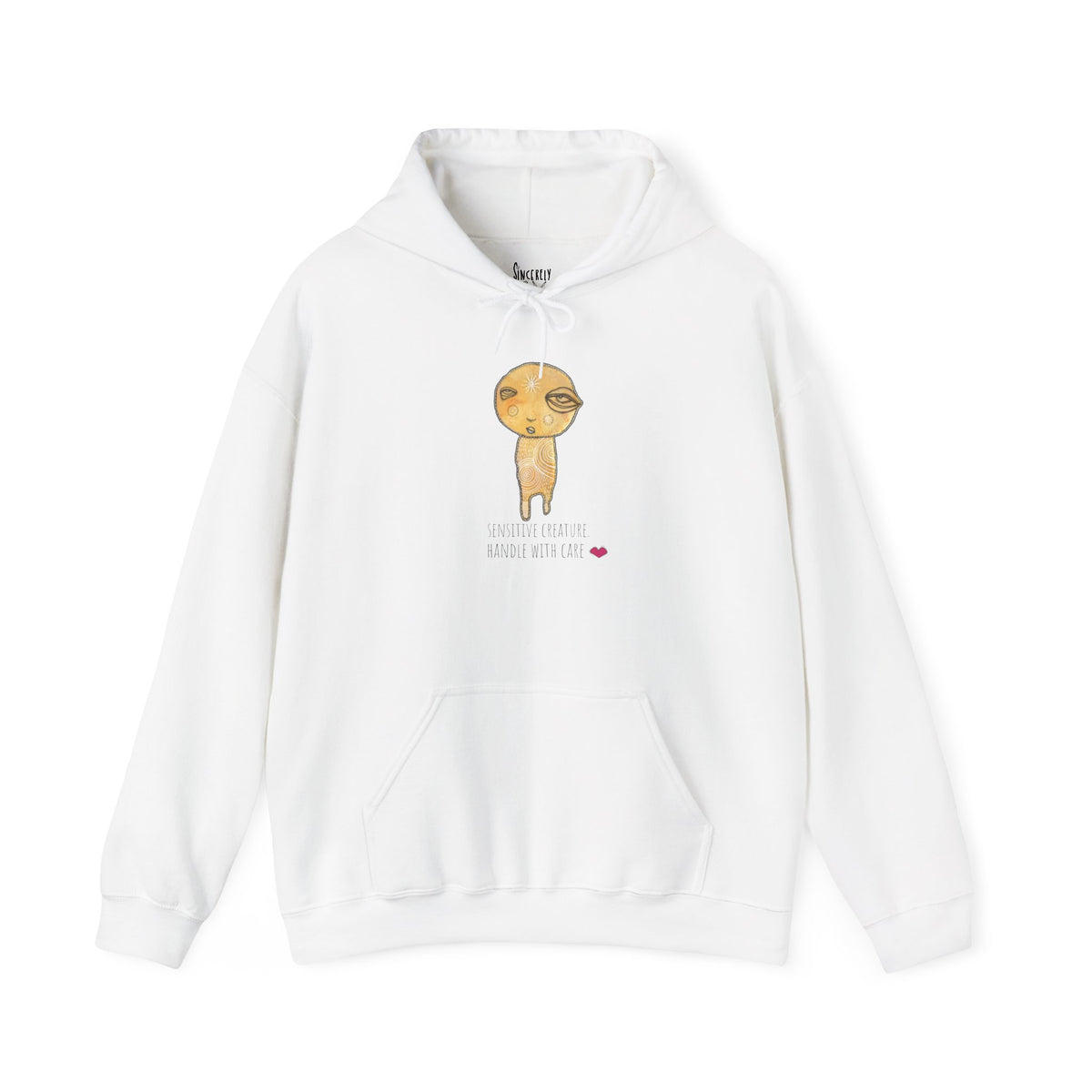 Sensitive Creature. Handle with Care hoodie by C.Cambrea, front view on model