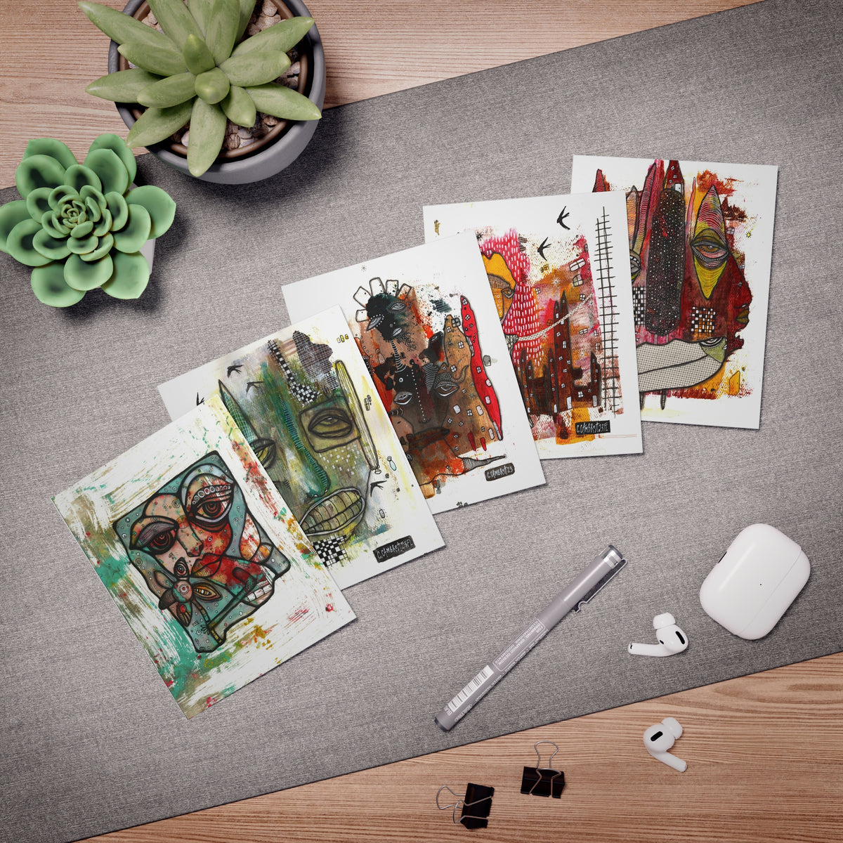 Art Greeting Cards 5 Pack Set with Envelopes Trippy Intuitive Mixed Media Artwork Psychedelic Colorful Unique - Frame them Blank Inside