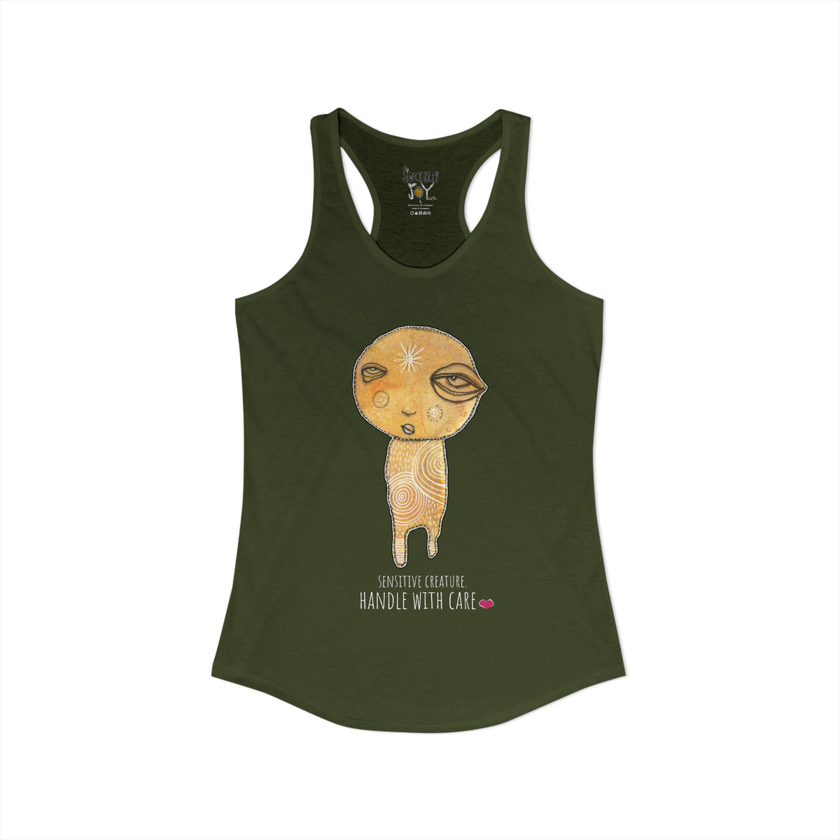 Sensitive Creature. Handle With Care racerback tank top by C.Cambrea, close-up of print detail