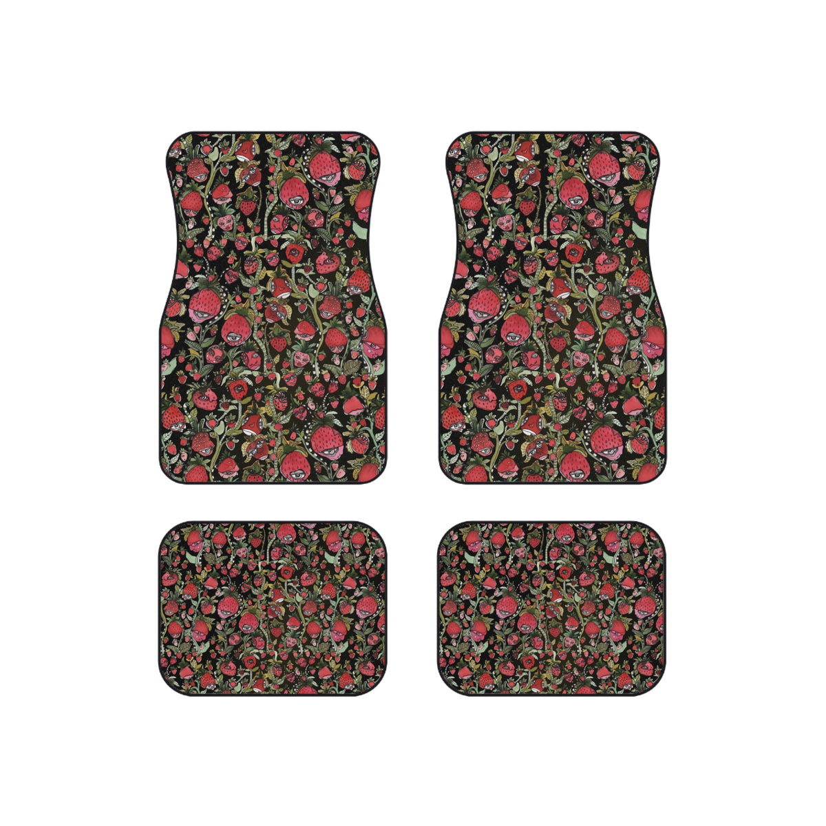 Strawberry Car Mats Set of 4 Fruit Theme Art Strawberries Faces Red Black Designer Vehicle SUV Car Mat Funny Colorful New Car Accessories