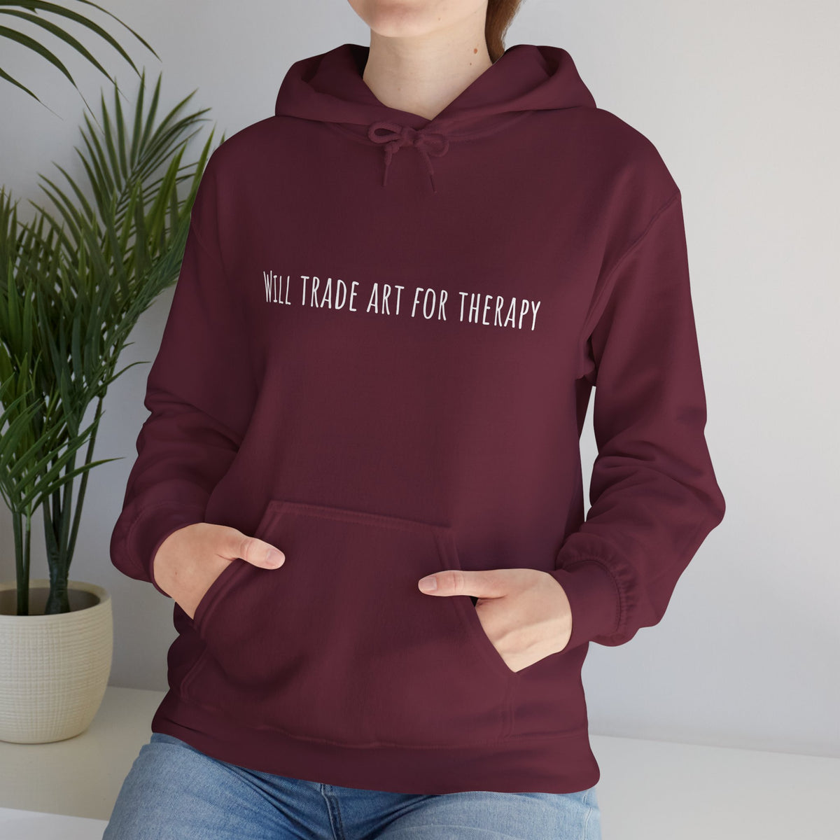 Will Trade Art For Therapy hoodie by C.Cambrea, back view on model