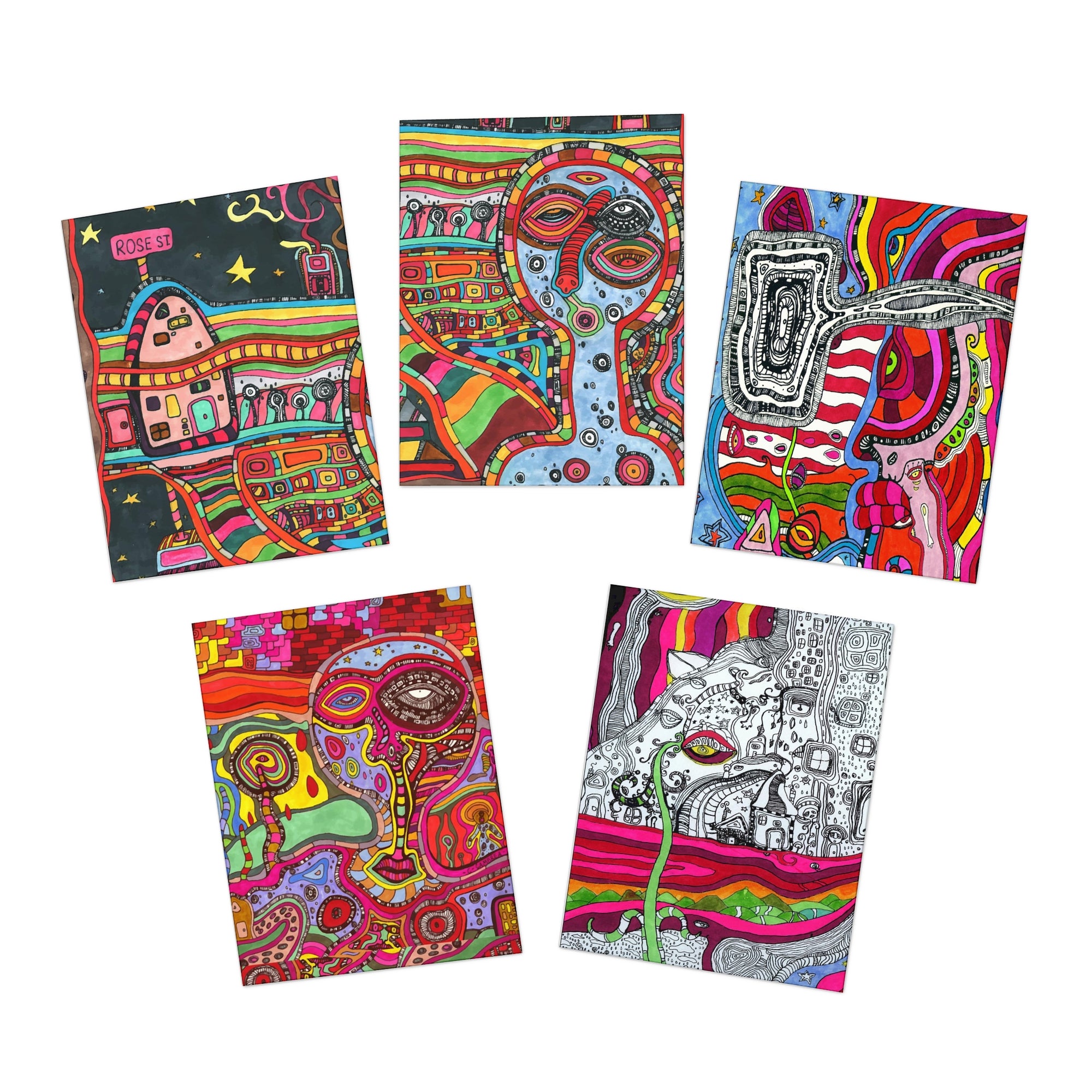 Art Greeting Cards 5 Pack Set with Envelopes Trippy Intuitive Mixed Media Artwork Psychedelic Colorful Unique - Frame them Blank Inside