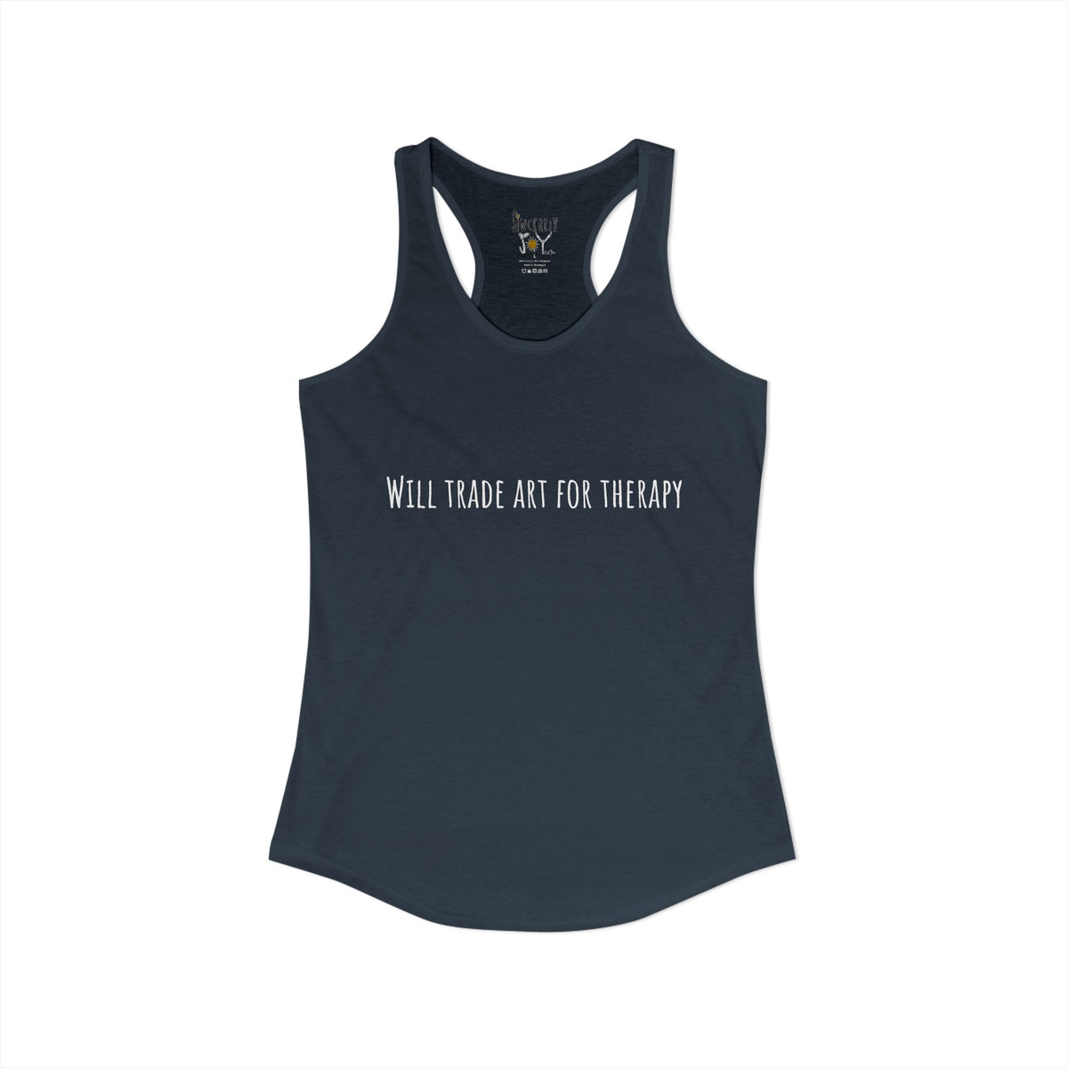 Will Trade Art For Therapy racerback tank by C.Cambrea, front view on model