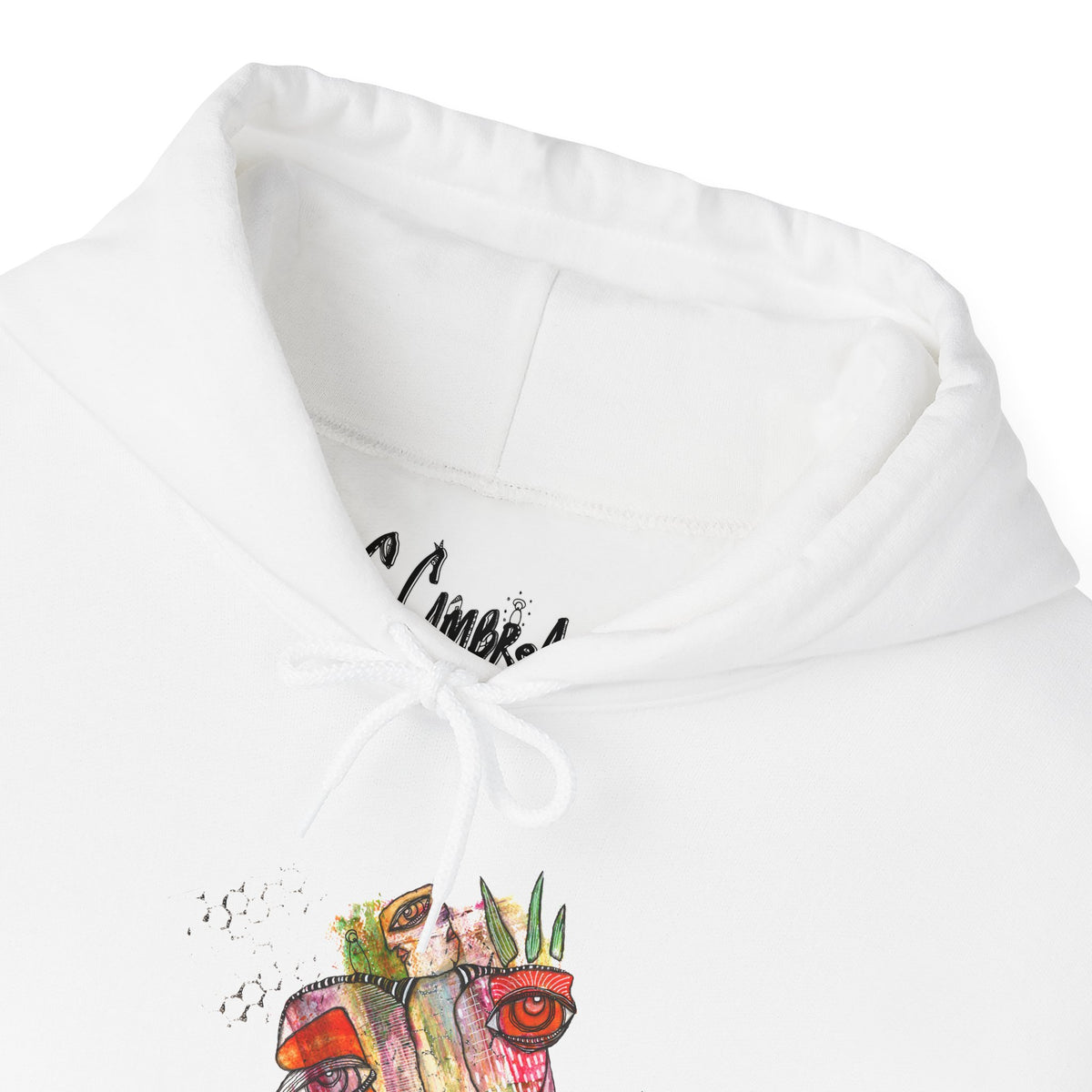 Angel artwork hoodie by C.Cambrea, front view on model