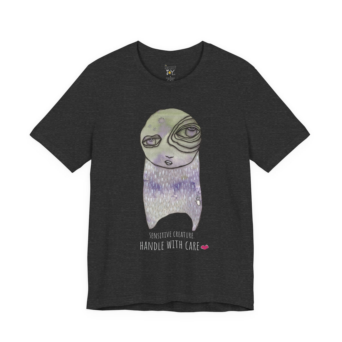 Sensitive Creature. Handle with Care t-shirt by C.Cambrea, close-up of print detail