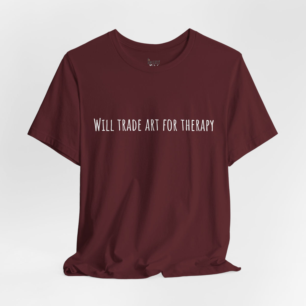 Will Trade Art For Therapy t-shirt by C.Cambrea, close-up of print detail