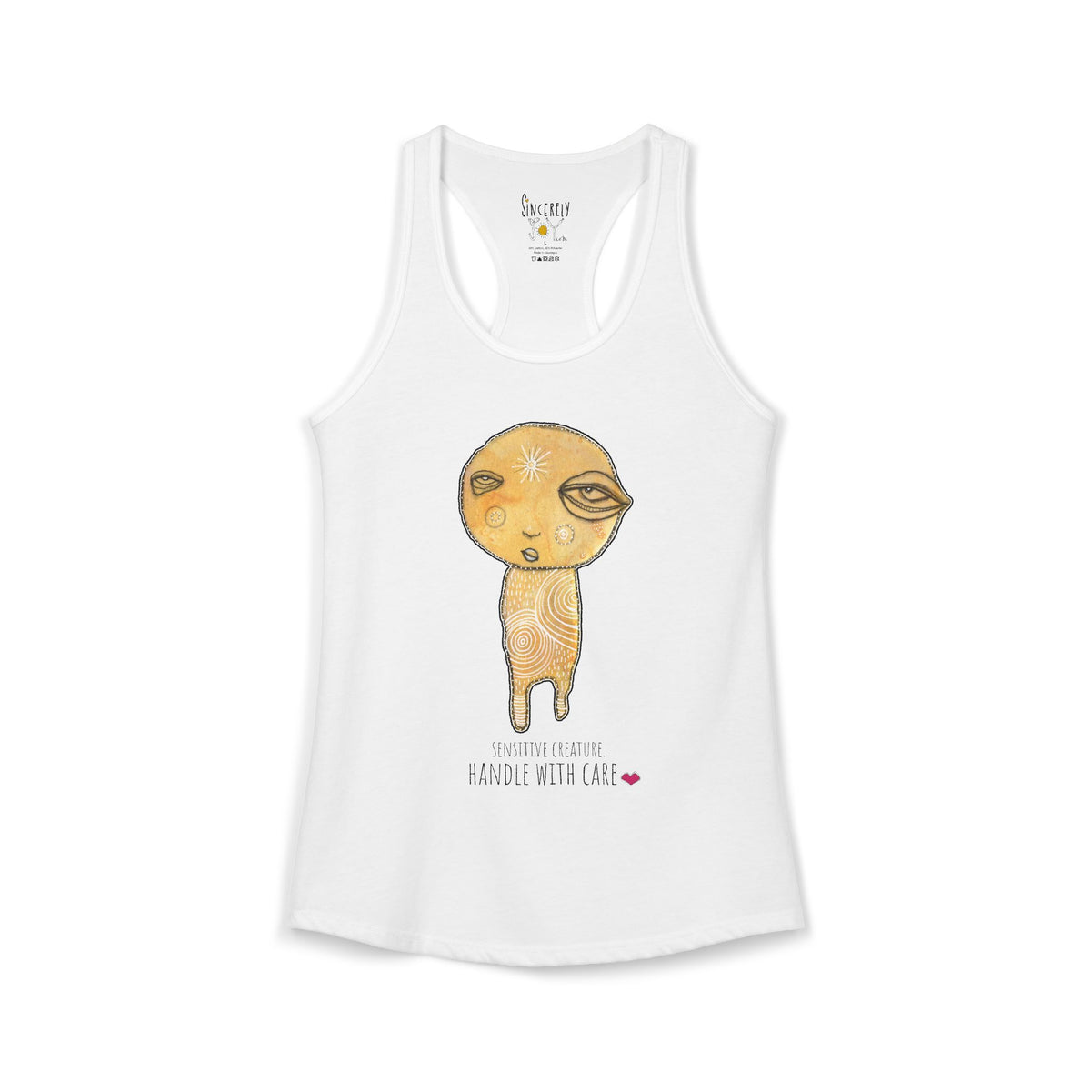 Sensitive Creature. Handle With Care racerback tank top by C.Cambrea, front view on model