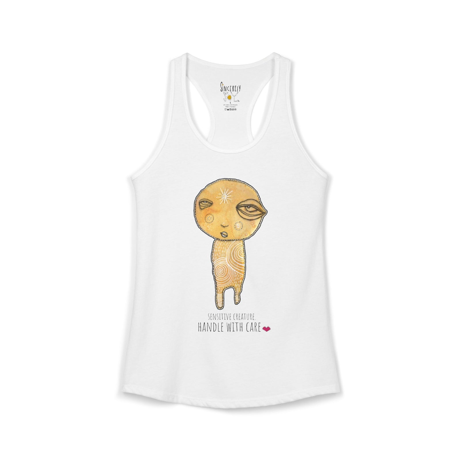 Sensitive Creature. Handle With Care racerback tank top by C.Cambrea, front view on model