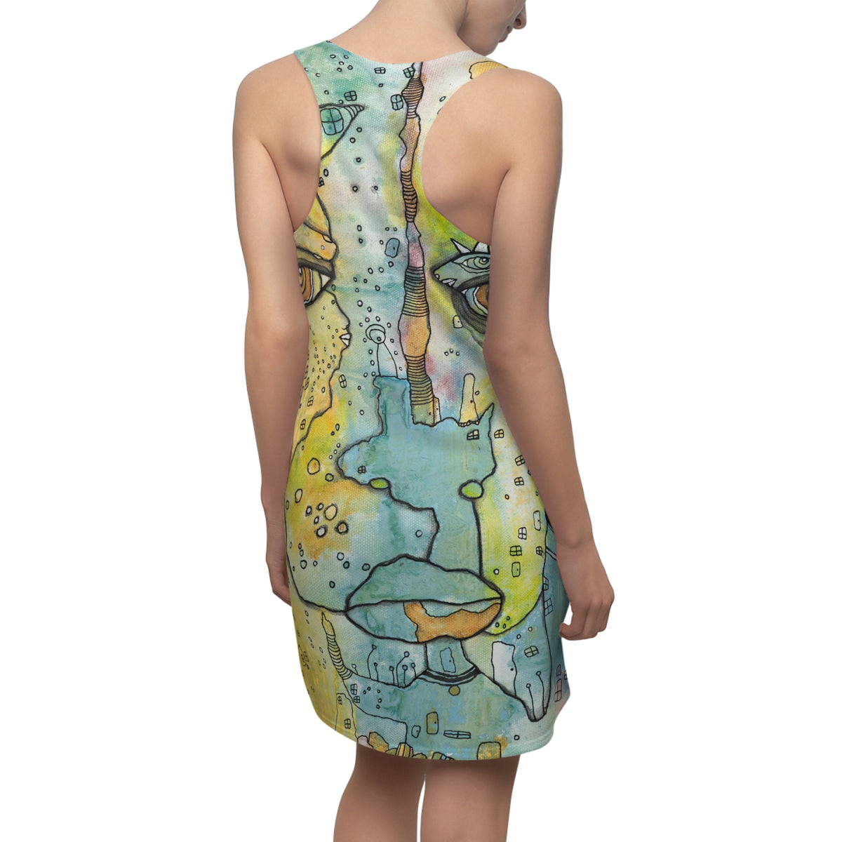 Mini Racerback Dress Original Art Face Fashion Print Women's Beach Sun Tank Dresses Clothing Goth Rocker Bizarre Weird Ladies Accessories