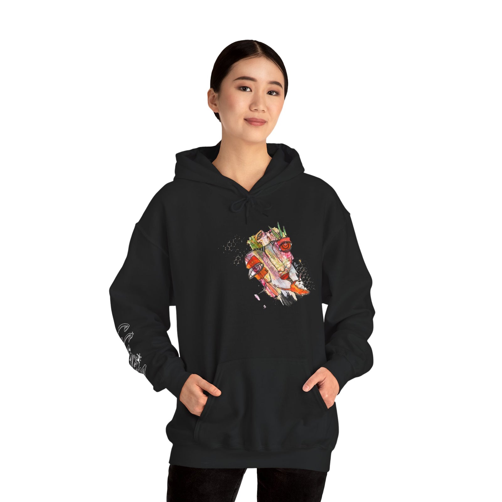 Angel artwork hoodie by C.Cambrea, front view on model