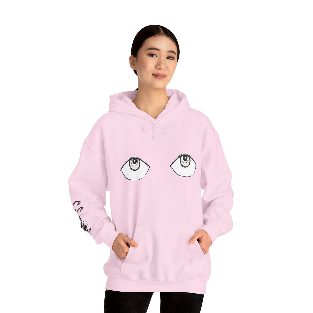 Eyes Illustration hooded sweatshirt by C.Cambrea, front view on model