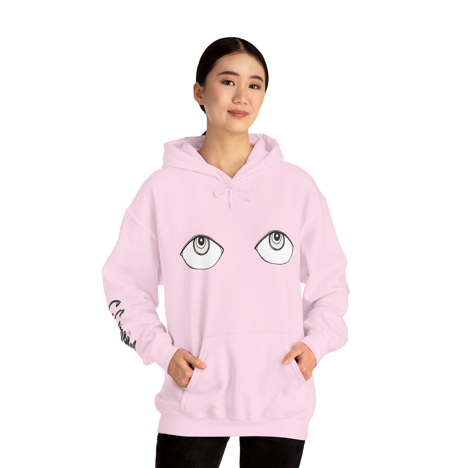 Eyes Illustration hooded sweatshirt by C.Cambrea, front view on model