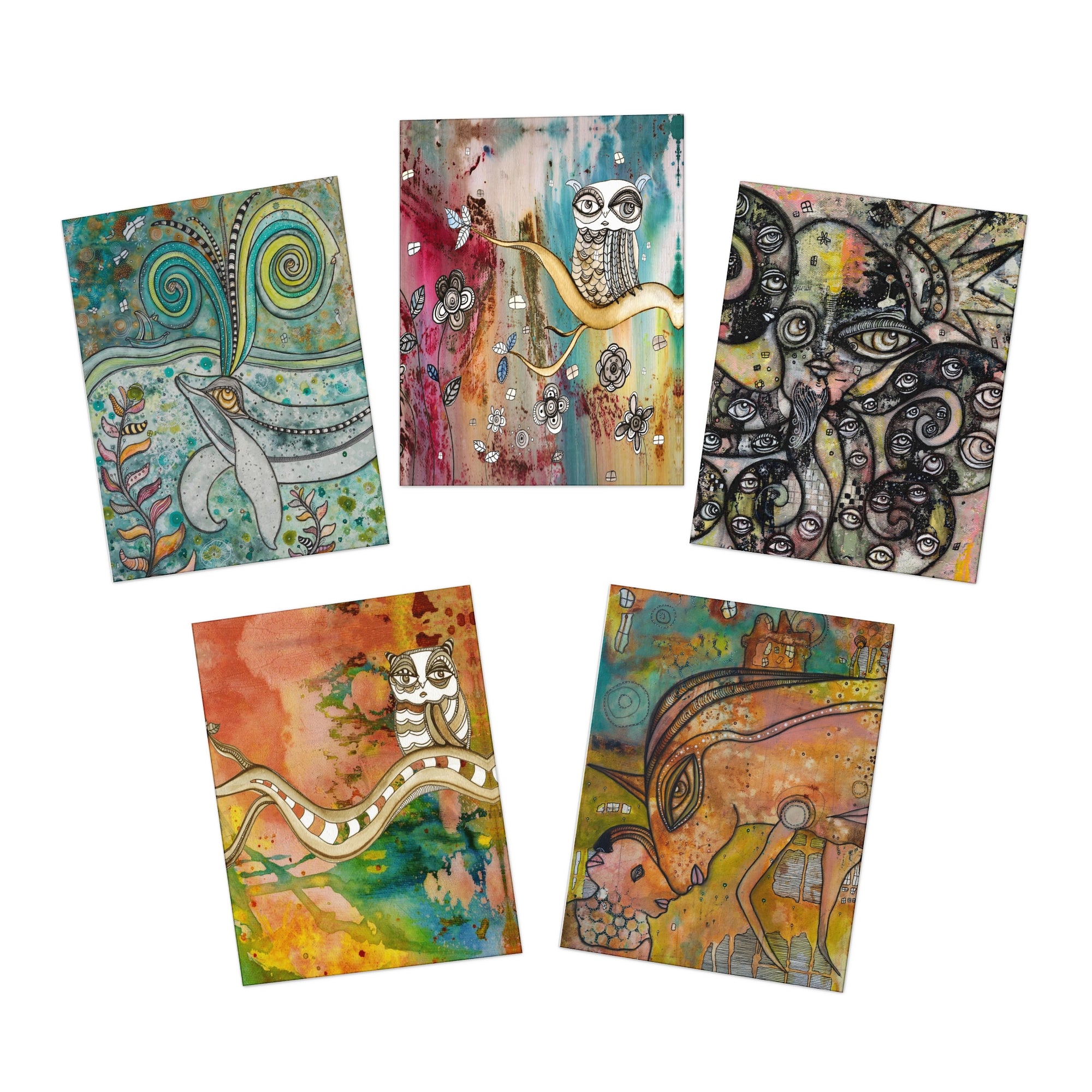 Art Greeting Cards 5 Pack Set with Envelopes Trippy Intuitive Mixed Media Artwork Psychedelic Colorful Unique - Frame them Blank Inside