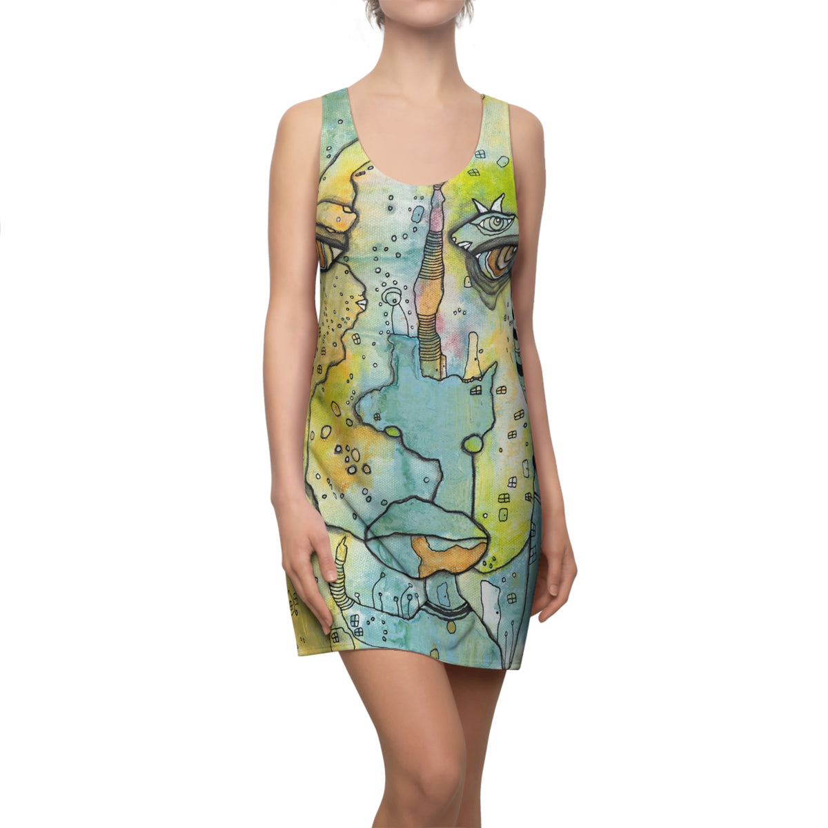 Mini Racerback Dress Original Art Face Fashion Print Women's Beach Sun Tank Dresses Clothing Goth Rocker Bizarre Weird Ladies Accessories