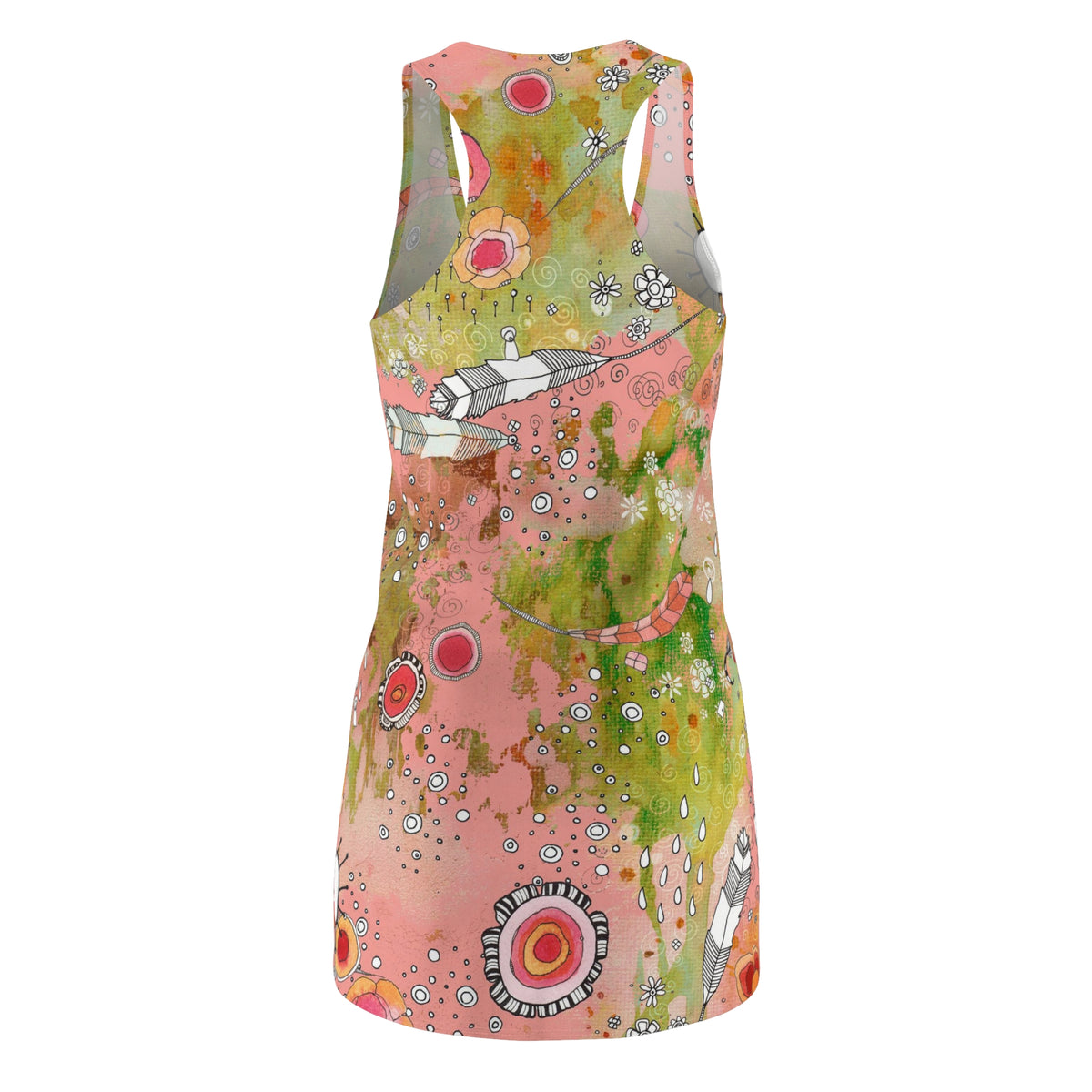 Boho Dress Racerback Mini Tank Sexy Above the Knee Unique Original Art Bohemian Floral Feathers Fashion Womens Clothing Art Designer Fashion