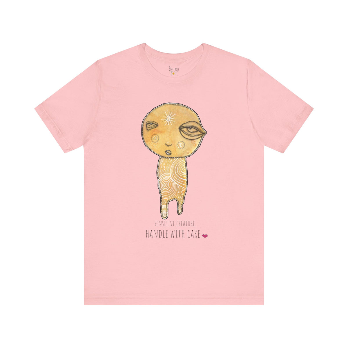 Sensitive Creature. Handle with Care t-shirt by C.Cambrea, front view on model