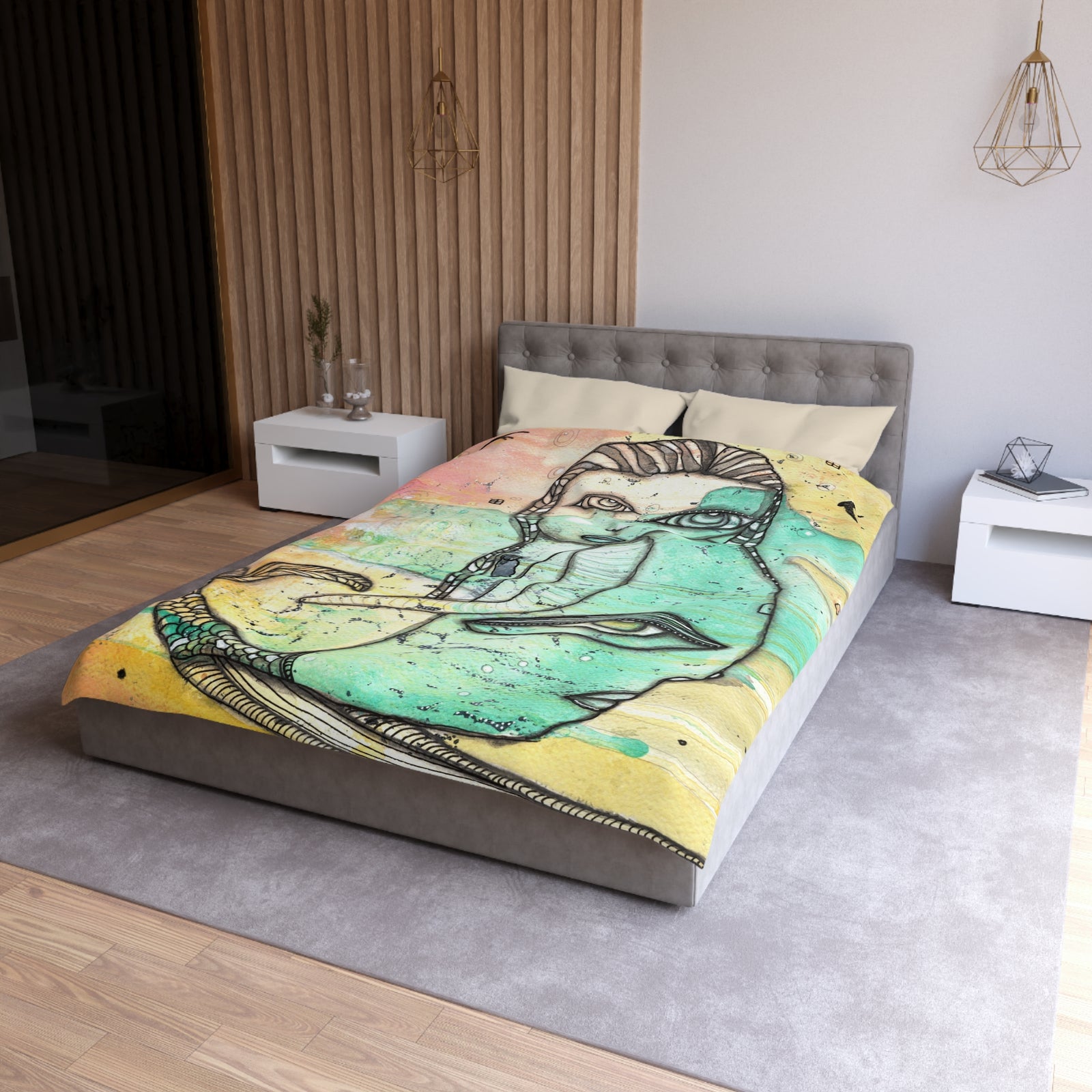 Duvet Cover 'Mother of the Seas' — front view on bed