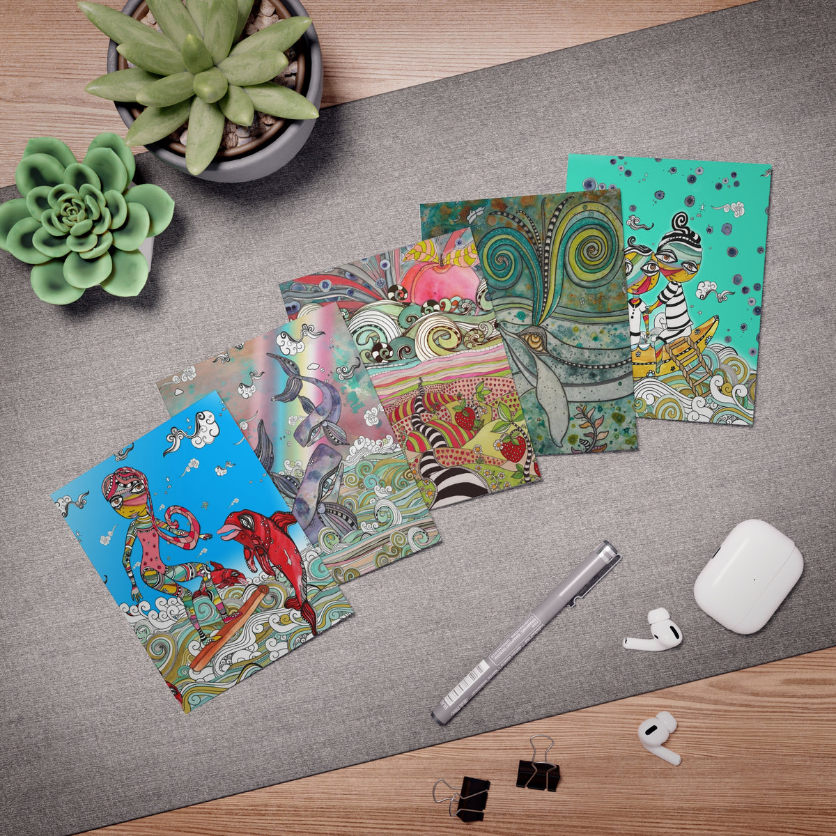 Art Greeting Cards 5 Pack Set with Envelopes Trippy Intuitive Mixed Media Artwork Psychedelic Colorful Unique - Frame them Blank Inside