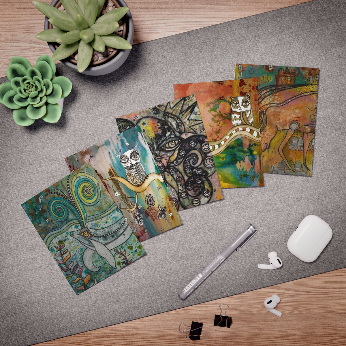 Art Greeting Cards 5 Pack Set with Envelopes Trippy Intuitive Mixed Media Artwork Psychedelic Colorful Unique - Frame them Blank Inside