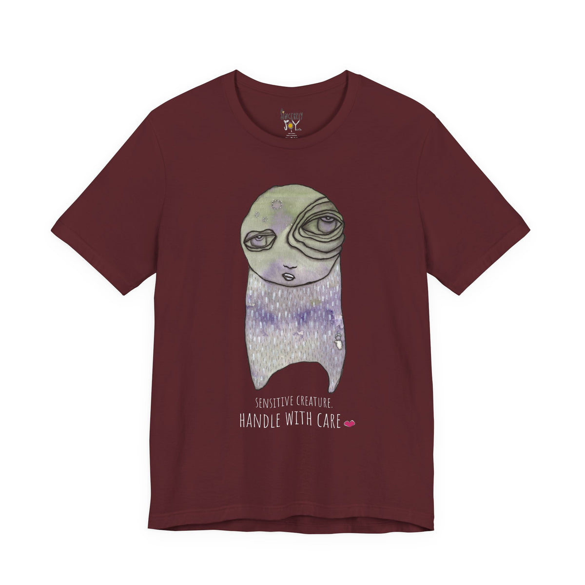 Sensitive Creature. Handle with Care t-shirt by C.Cambrea, close-up of print detail