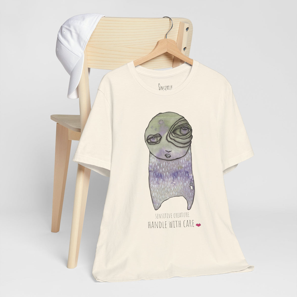 Sensitive Creature. Handle with Care t-shirt by C.Cambrea, back view on model