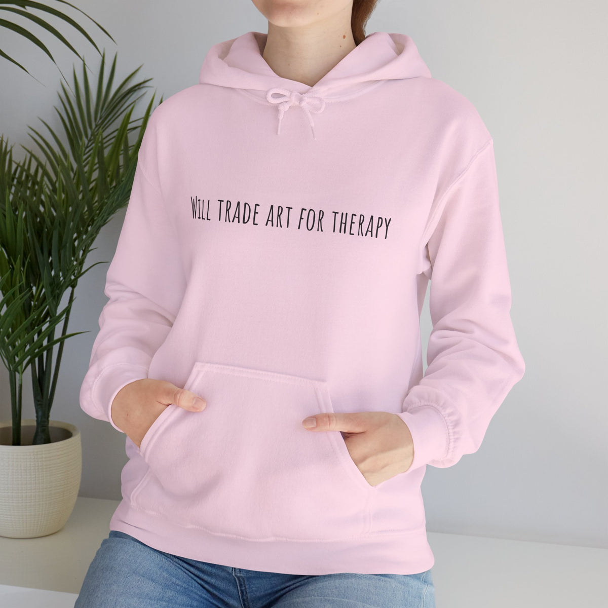 Will Trade Art For Therapy hoodie by C.Cambrea, close-up of print detail