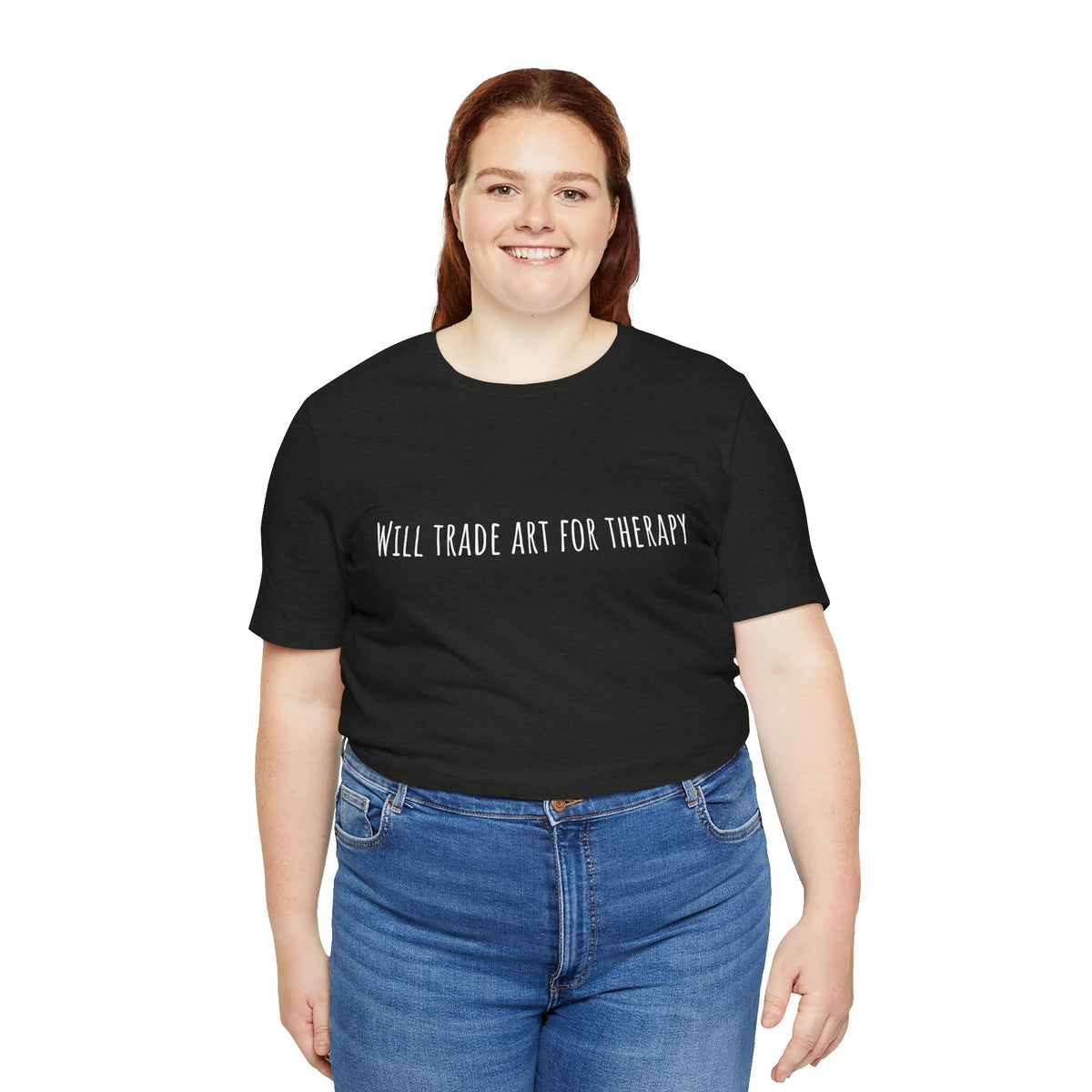 Will Trade Art For Therapy t-shirt by C.Cambrea, back view on model