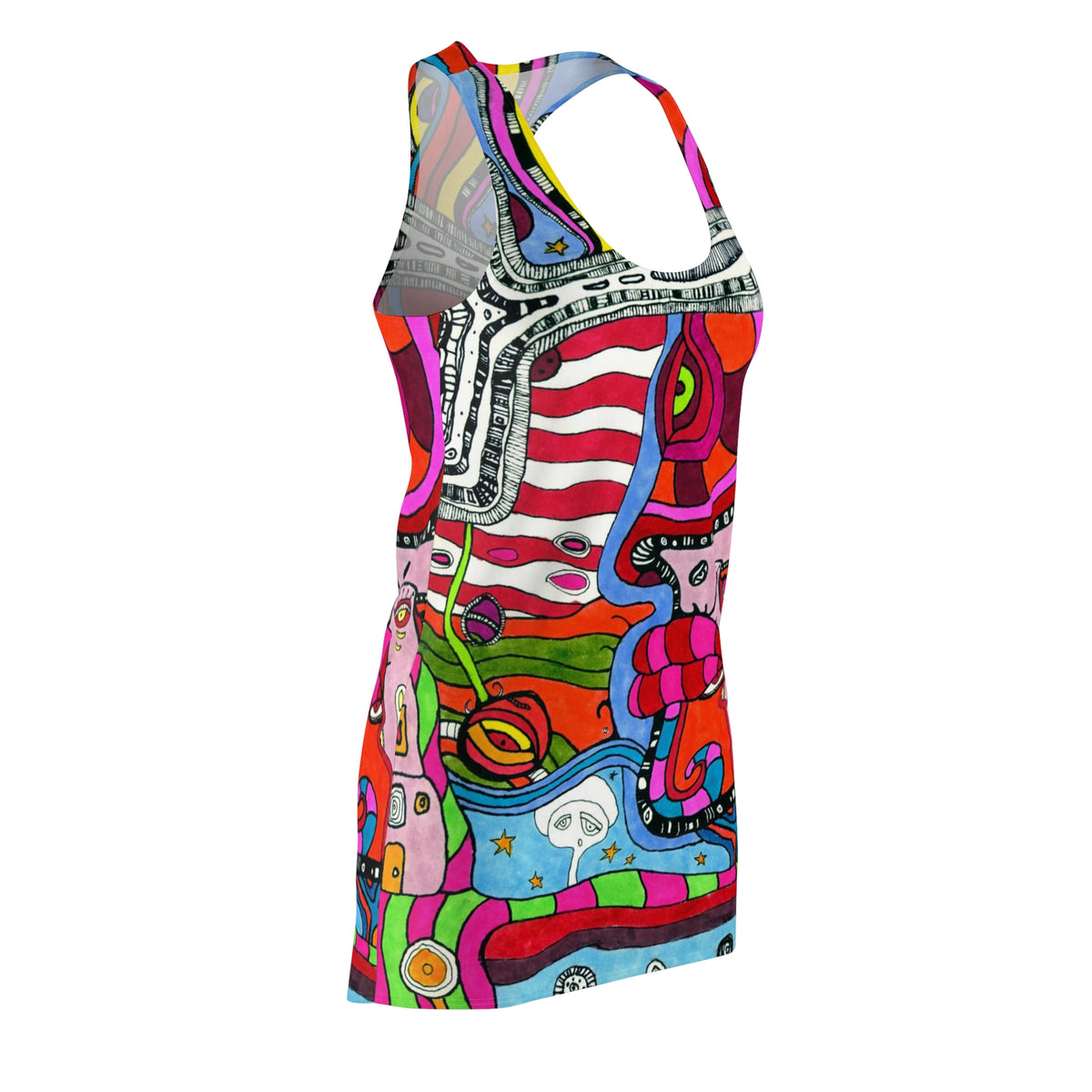 &quot;Multi&quot; Colorful Trippy Racerback Mini Above the Knee Tank Dress
