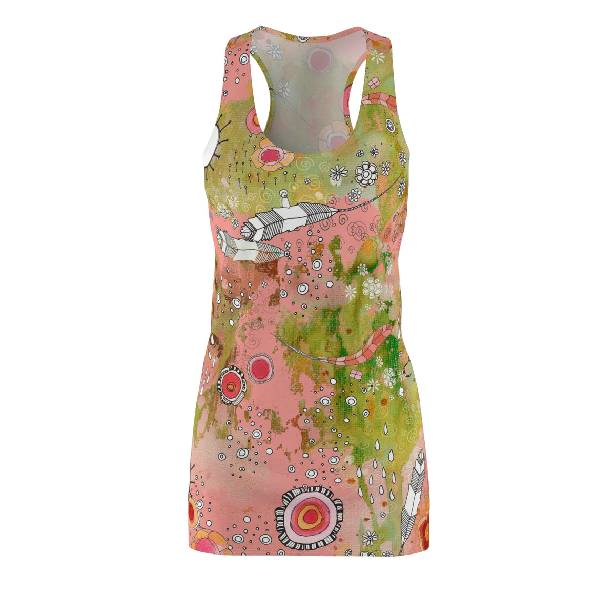 Boho Dress Racerback Mini Tank Sexy Above the Knee Unique Original Art Bohemian Floral Feathers Fashion Womens Clothing Art Designer Fashion