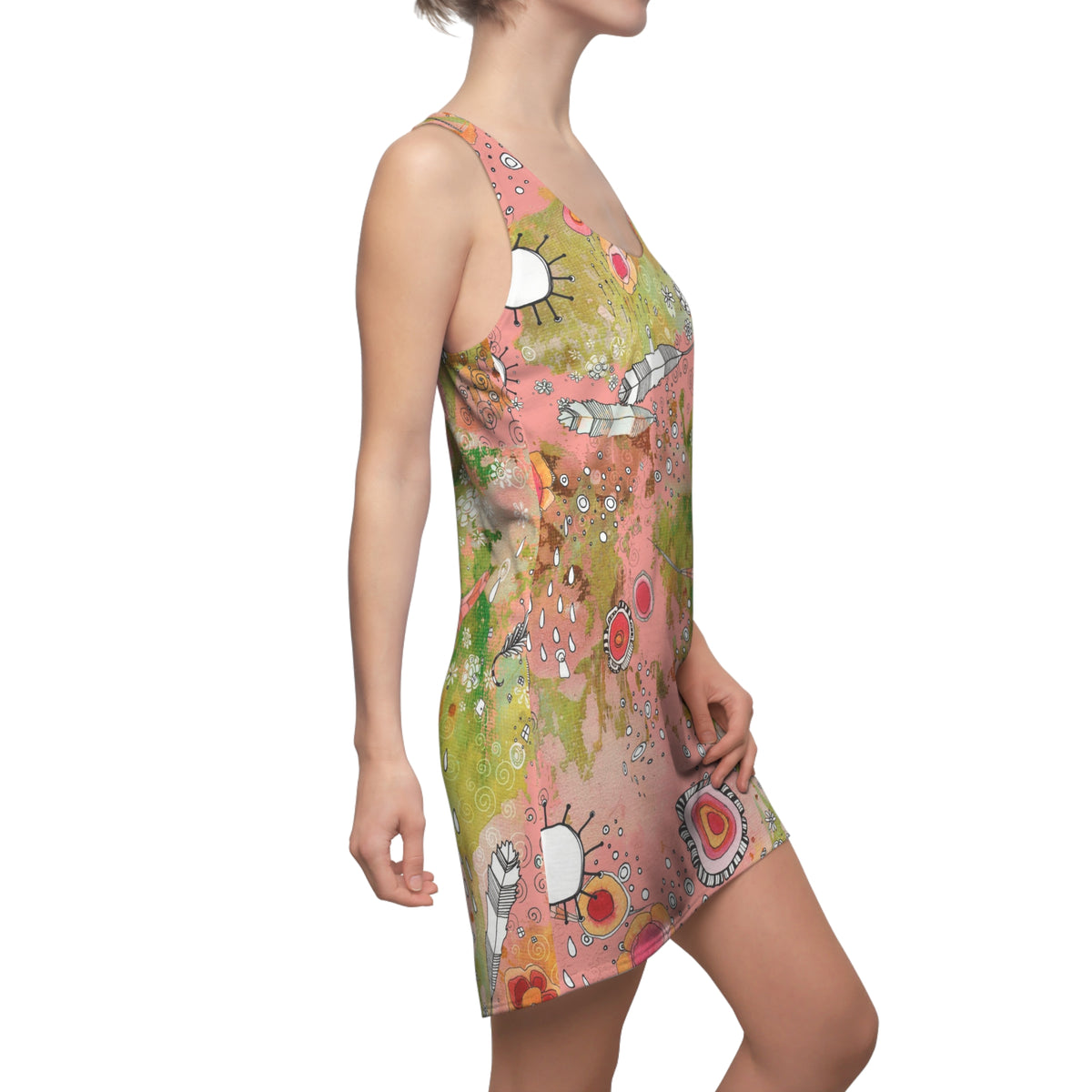 Boho Dress Racerback Mini Tank Sexy Above the Knee Unique Original Art Bohemian Floral Feathers Fashion Womens Clothing Art Designer Fashion