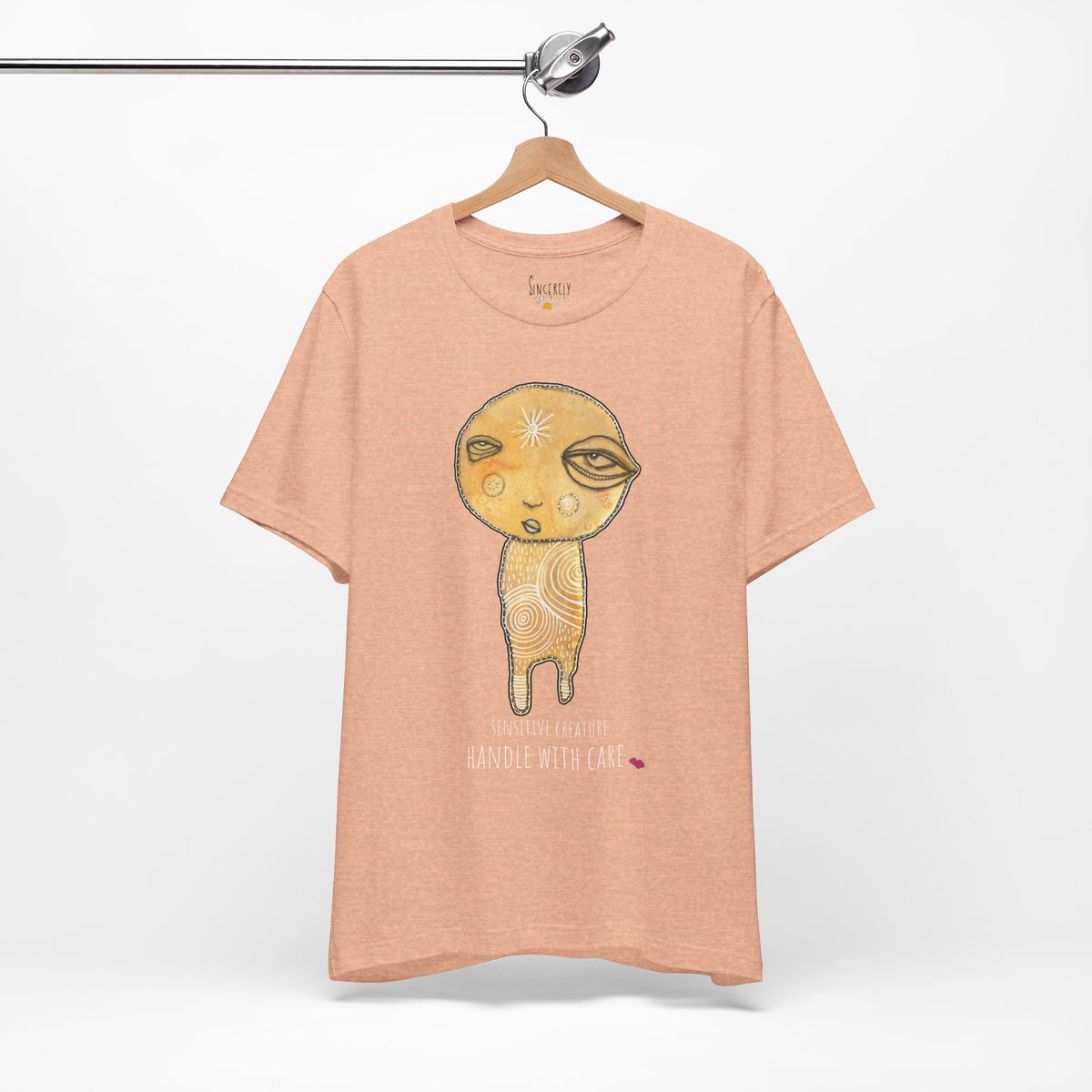Sensitive Creature. Handle with Care t-shirt by C.Cambrea, size and fit reference chart