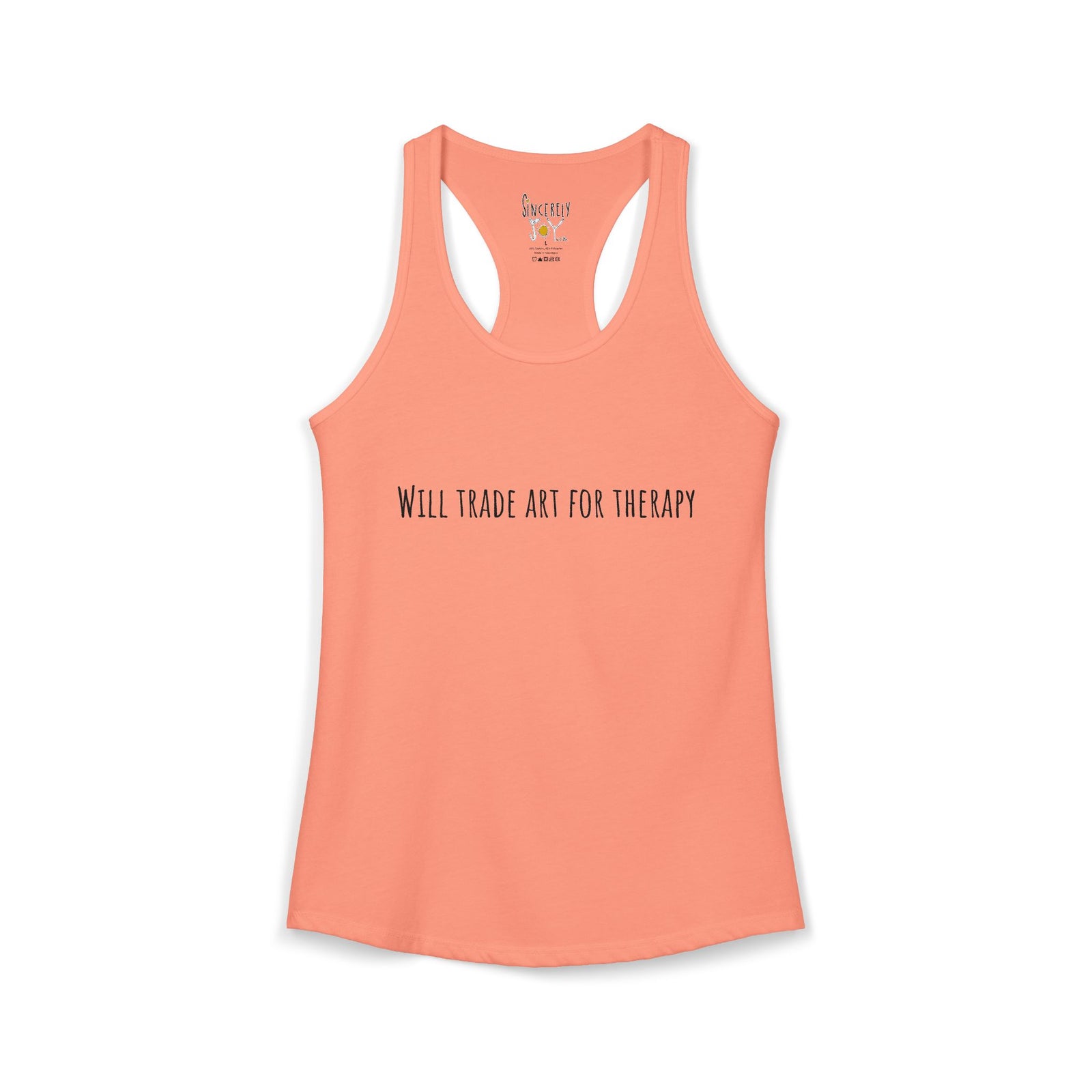 Will Trade Art For Therapy racerback tank by C.Cambrea, front view on model