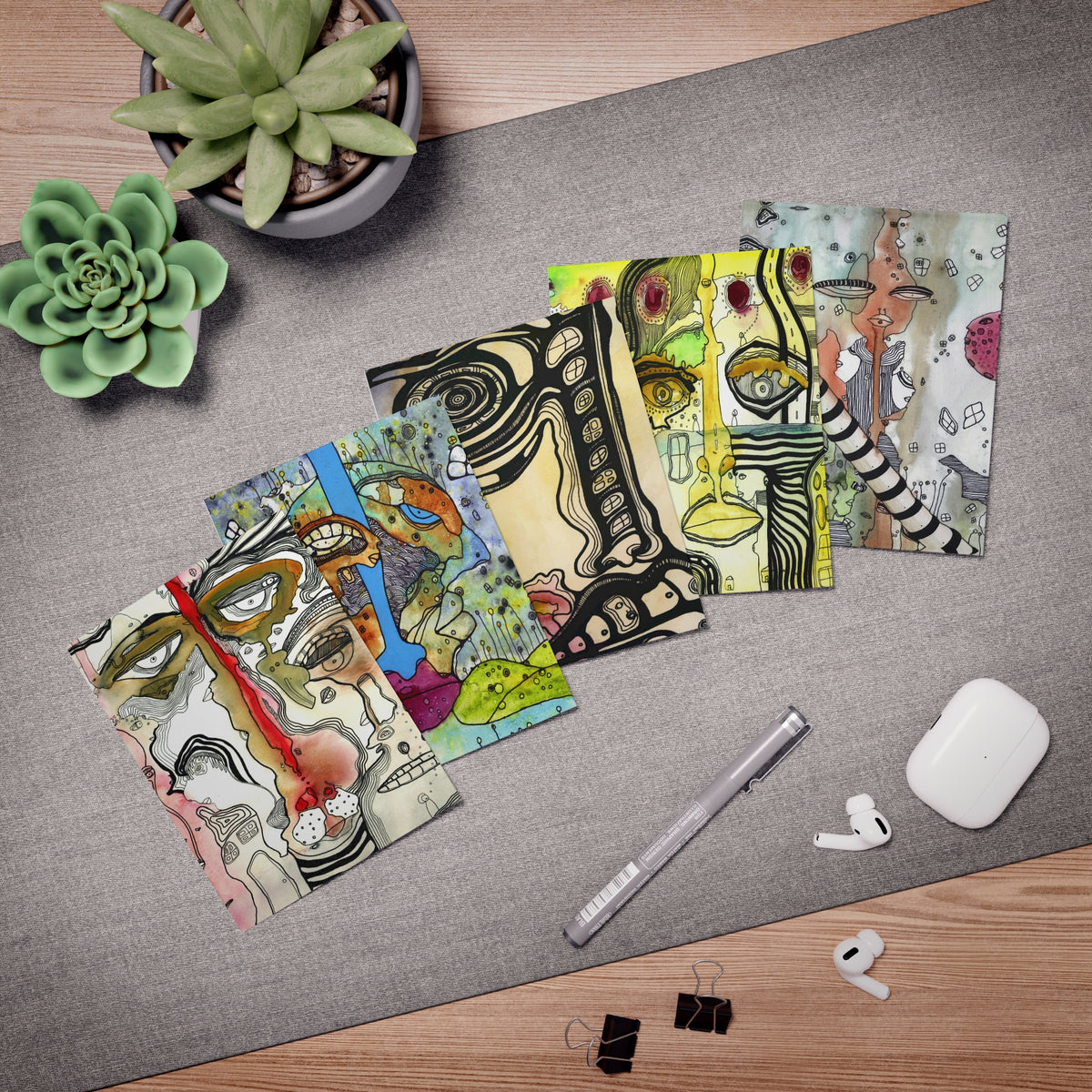 Art Greeting Cards 5 Pack Set with Envelopes Trippy Intuitive Mixed Media Artwork Psychedelic Colorful Unique - Frame them Blank Inside