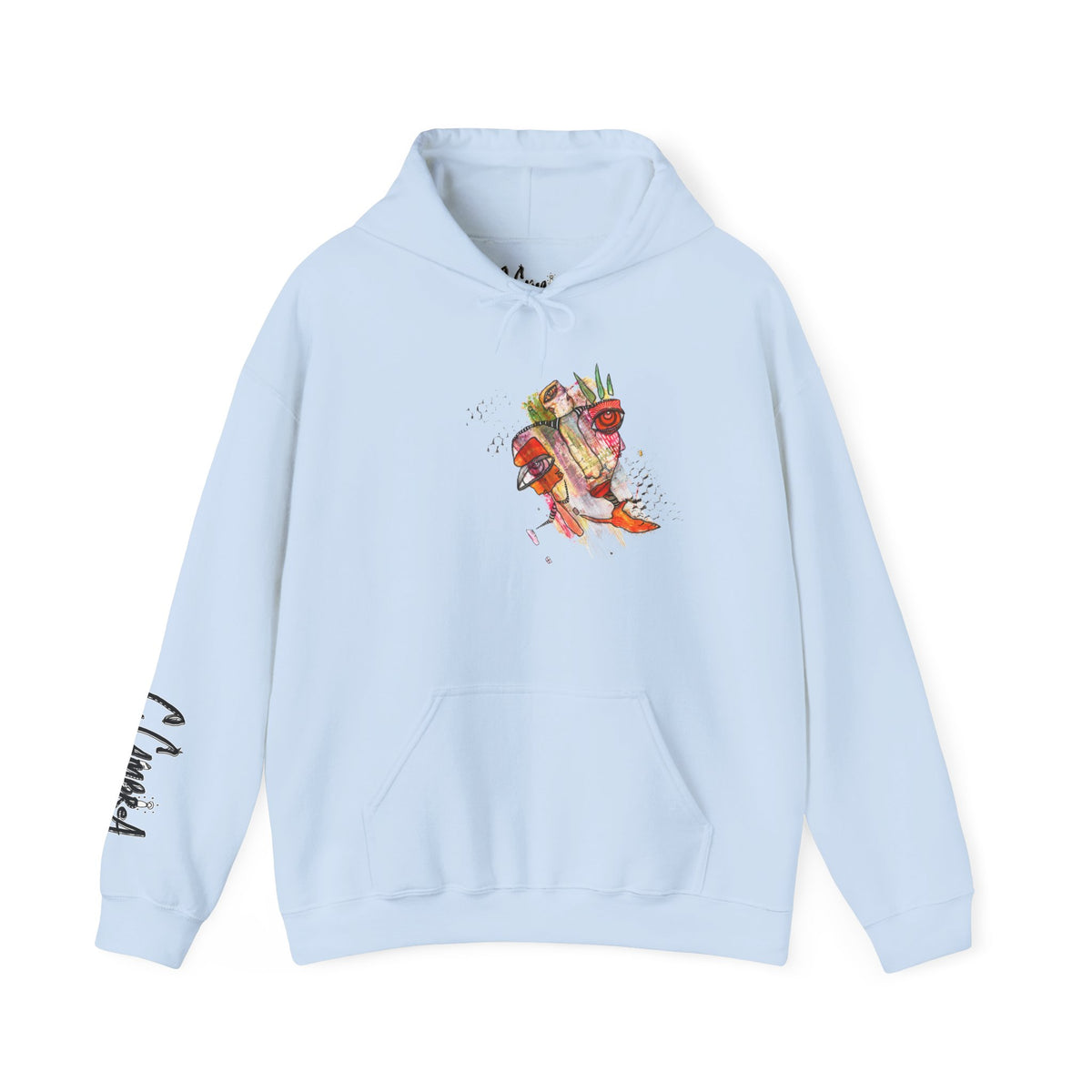 Angel artwork hoodie by C.Cambrea, fabric and stitching detail