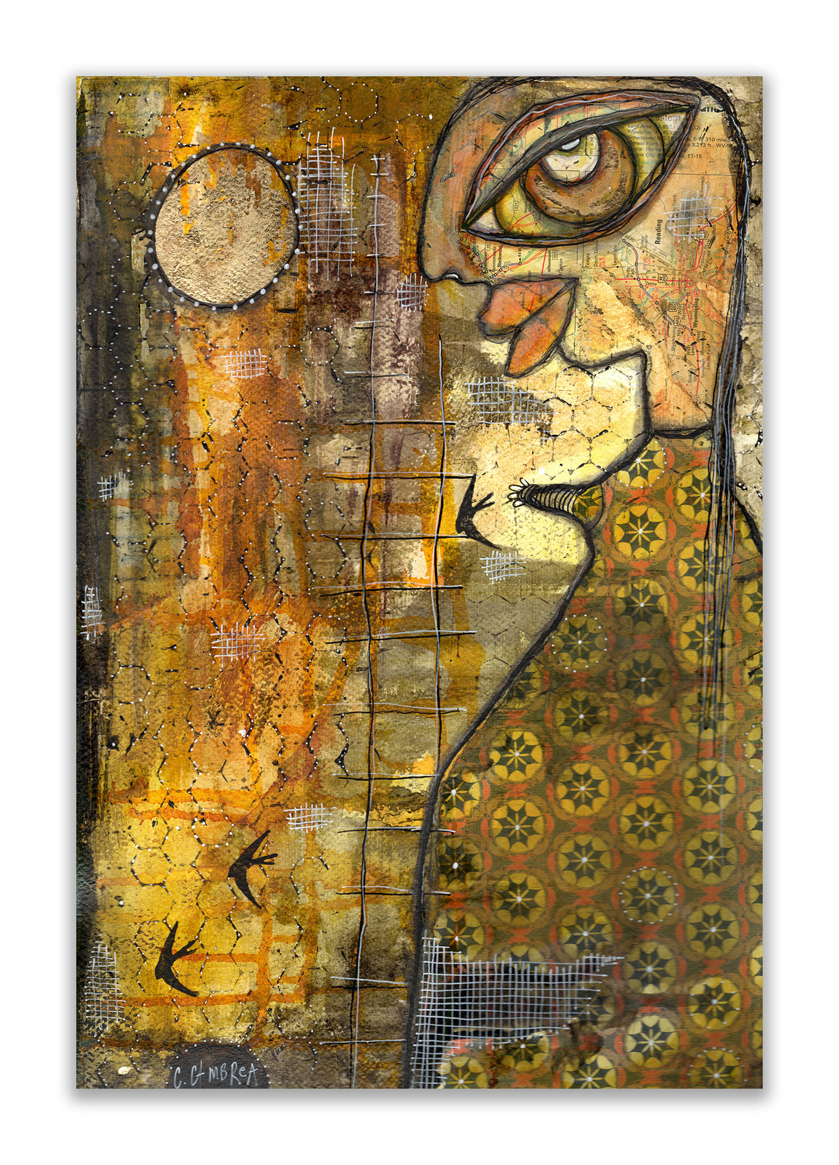 "Golden Moon" Original Mixed Media Collage Art on Watercolor Paper