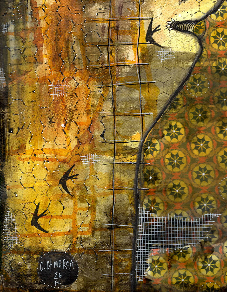 "Golden Moon" Original Mixed Media Collage Art on Watercolor Paper