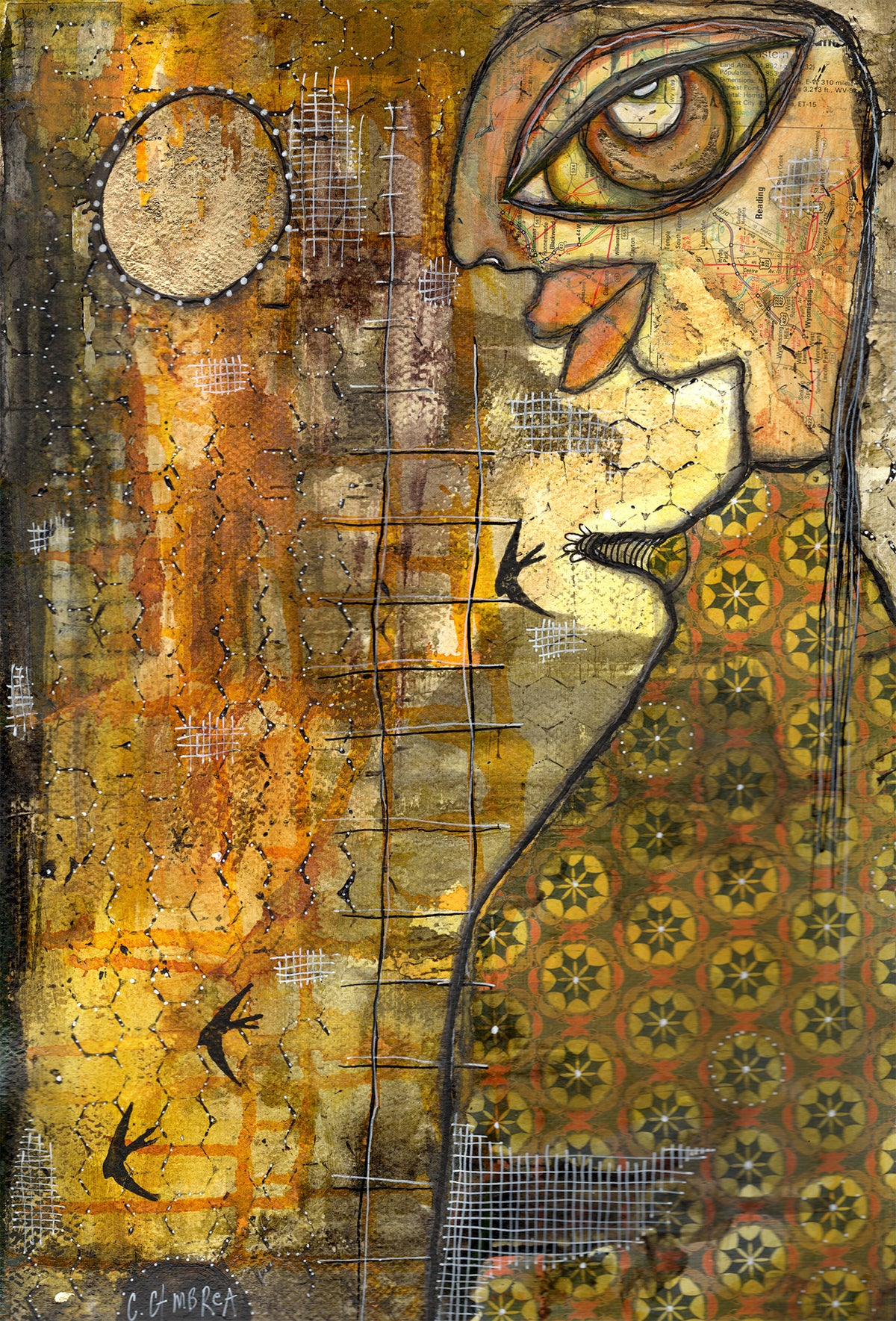 "Golden Moon" Original Mixed Media Collage Art on Watercolor Paper
