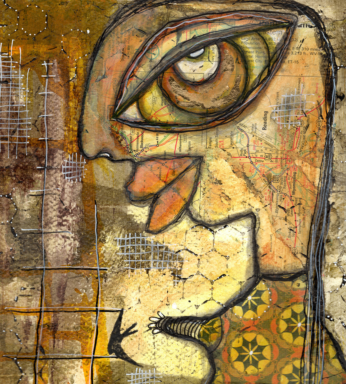 "Golden Moon" Original Mixed Media Collage Art on Watercolor Paper