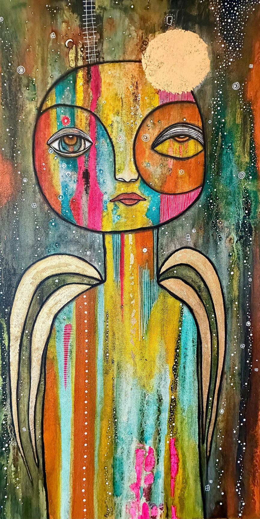 AVAILABLE at SOFT WATER GALLERY- Fine Art on Canvas with Gold Leaf 'Here to help'
