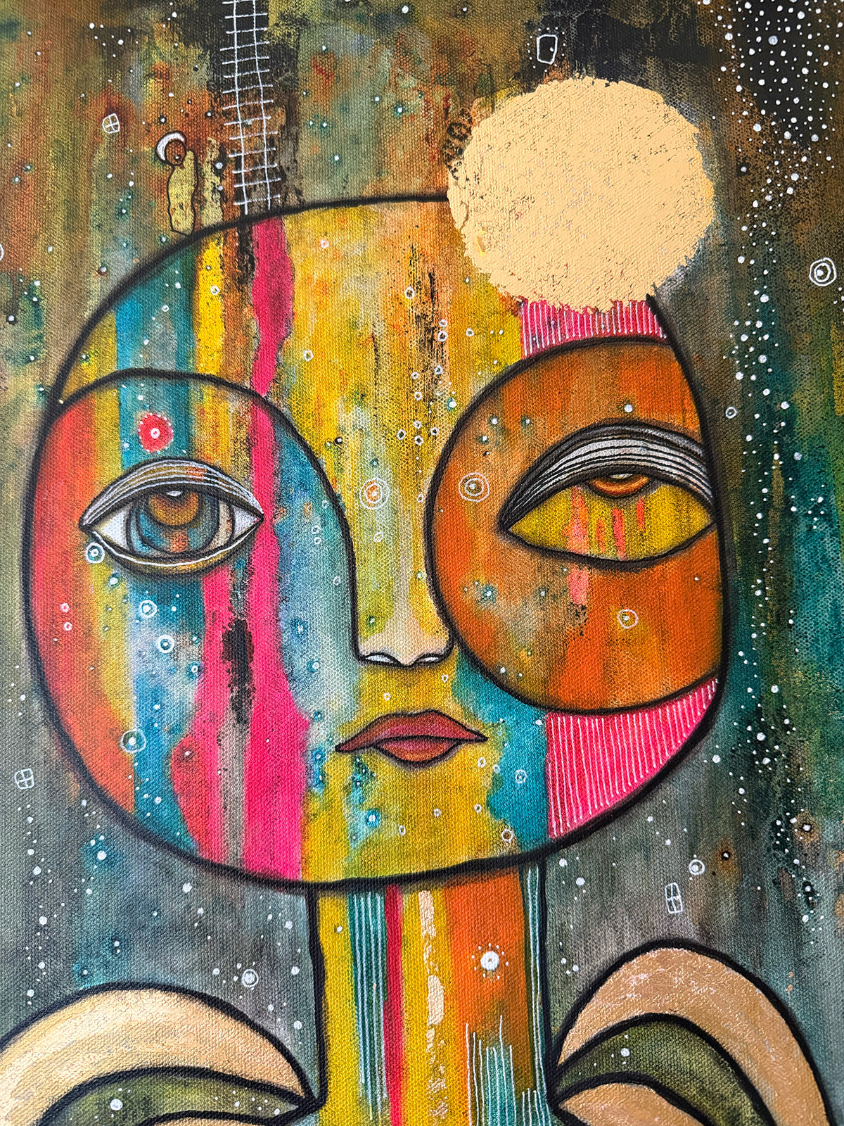 AVAILABLE at SOFT WATER GALLERY- Fine Art on Canvas with Gold Leaf 'Here to help'